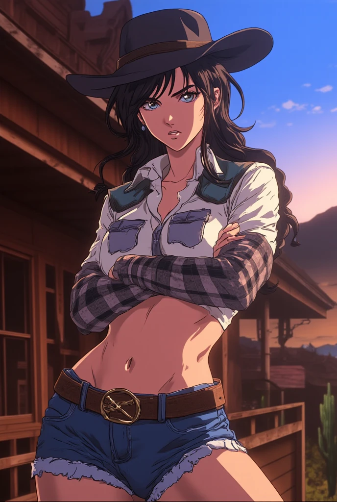 (masterpiece),(best quality), hair over right eye, looking at the viewer, thin body, dynamic poses, (medium breasts:1.3), young girl, 8k,(summer sunny day:1.3), (seductive body details:1.3), long dark purple hair, purple eyes, seductive light smile, shy, (skinny and slender legs), big eyes, (windy day:1.3), (high and sharp breasts:1.3), (realistic style), full body shot, (burn scar on the right side of the face:1.3), (burn scar on the right side of the body:1.3), (clear left side of the body:1.2), (megane:1.2), (slim waist), ((narrow hips)), perfect medium breast, curvy, denim seductive suit, naked jacket, thight microshorts, (crop thight jacket:1.2)