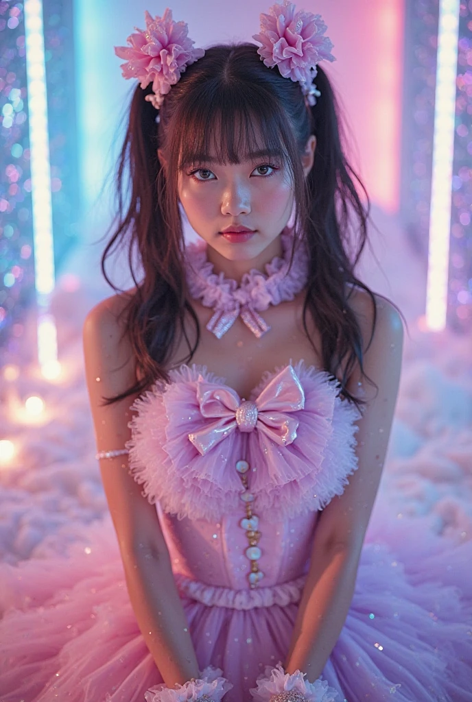 Female idol covered in jellyfish、full body Esbian、、Clown fashion full of jellyfish（Leotard style）、Clown hat、Fluorescent color、Luminescent