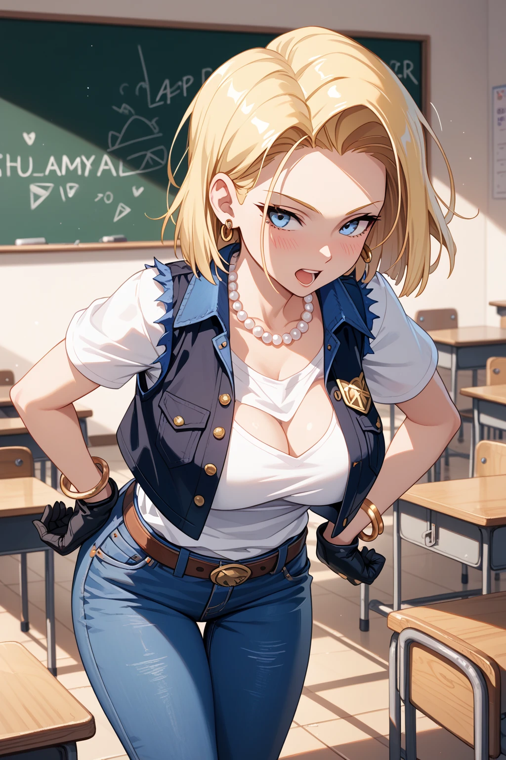 8k,masterpiece, bset quality,big, (1 girl), android 18, blue_eyes, blonde hair, short hair, professional lighting, (shiny skin: 1.2), shiny big, ((best quality)), sharp focus: 1.2, highly detailed face and skin texture, detailed eyes, perfect face, perfect body, blur art, cg, background, Big breasts, presence (20yo, mature cool and beautiful face), wearing ((blue skirt), white taut shirt, thigh), blush, (mittgal), random pose, top view, perfect eye, angry face