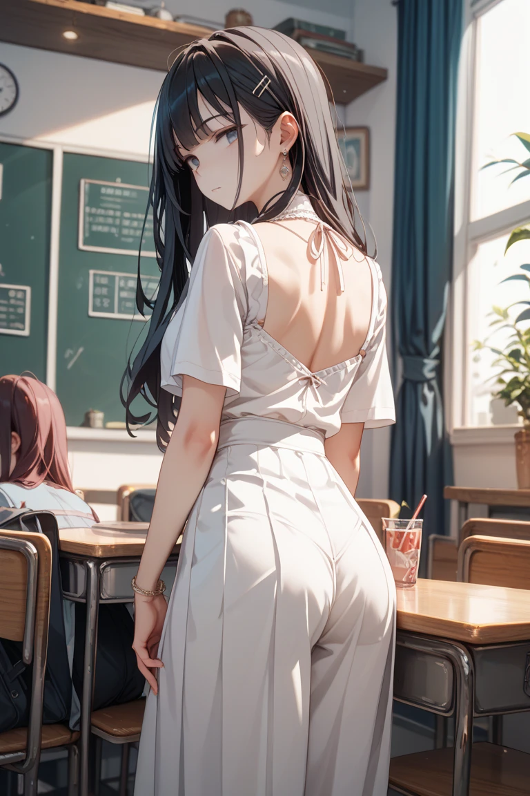 1girl, (shapely body), (solo), (best quality:1.3), (masterpiece, best quality), classroom, annoyed, looking over shoulder dismissively 