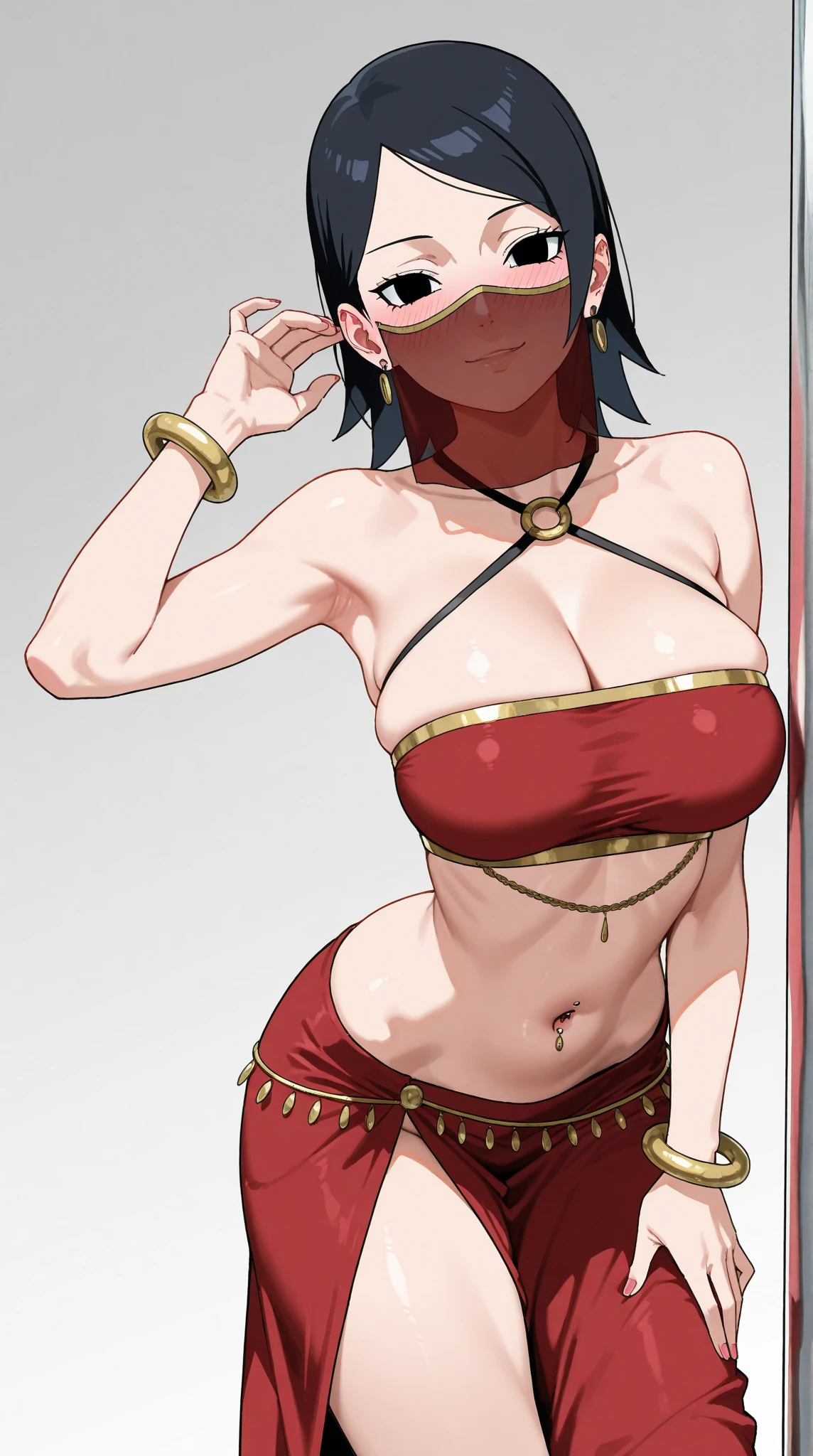  standind straighte symmetrical, yellow bikini, high heels, hands on hips. red tattoo on belly, full body female milf