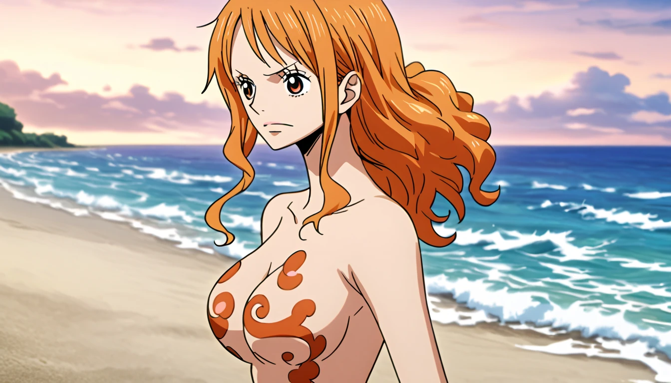 1girl, (solo), (NSFW), (anime style), wanostyle, ((ultra detailed background, delicate pattern, intricate detail)), (best quality), (masterpiece), (highres), top quality, (detailed textureeautiful detailed eyes), (sharp focus), (ultra-detailed), (8k), outdoors, beach, ocean, sand, sun, day, detailed environment, BREAK sitting, (from above:1.2), (wet:1.3), perfect pussy, nipples, perfect nipples, NamiFinal, orange hair, solo, long hair, jewelry, brown eyes, smile, earrings, ((blue tattoo, left shoulder tattoo)), (naked:1.4), sweat, steam, BREAK beautiful detailed glow, blushing, brilliantly lit, very detailed, areola slip, beautiful body line, (Beautiful, large_breasts:1.3), sagging breasts, breasts apart, sexy breasts, shiny skin, cute, (Delicate figure and beautiful body curves:1.2), (looking at viewer:1.2), high resolution, high detail, Correct limbs, Ultra High Resolution, 4K, Ultra Detail, photography, HDR, Background blur, (vibrant_color:1.2), (beautiful_face:1.5), (narrow_waist), wallpaper, (beautiful detailed eyes:1.6), (extremely detailed face:1.4), perfect lighting, (picture perfect
