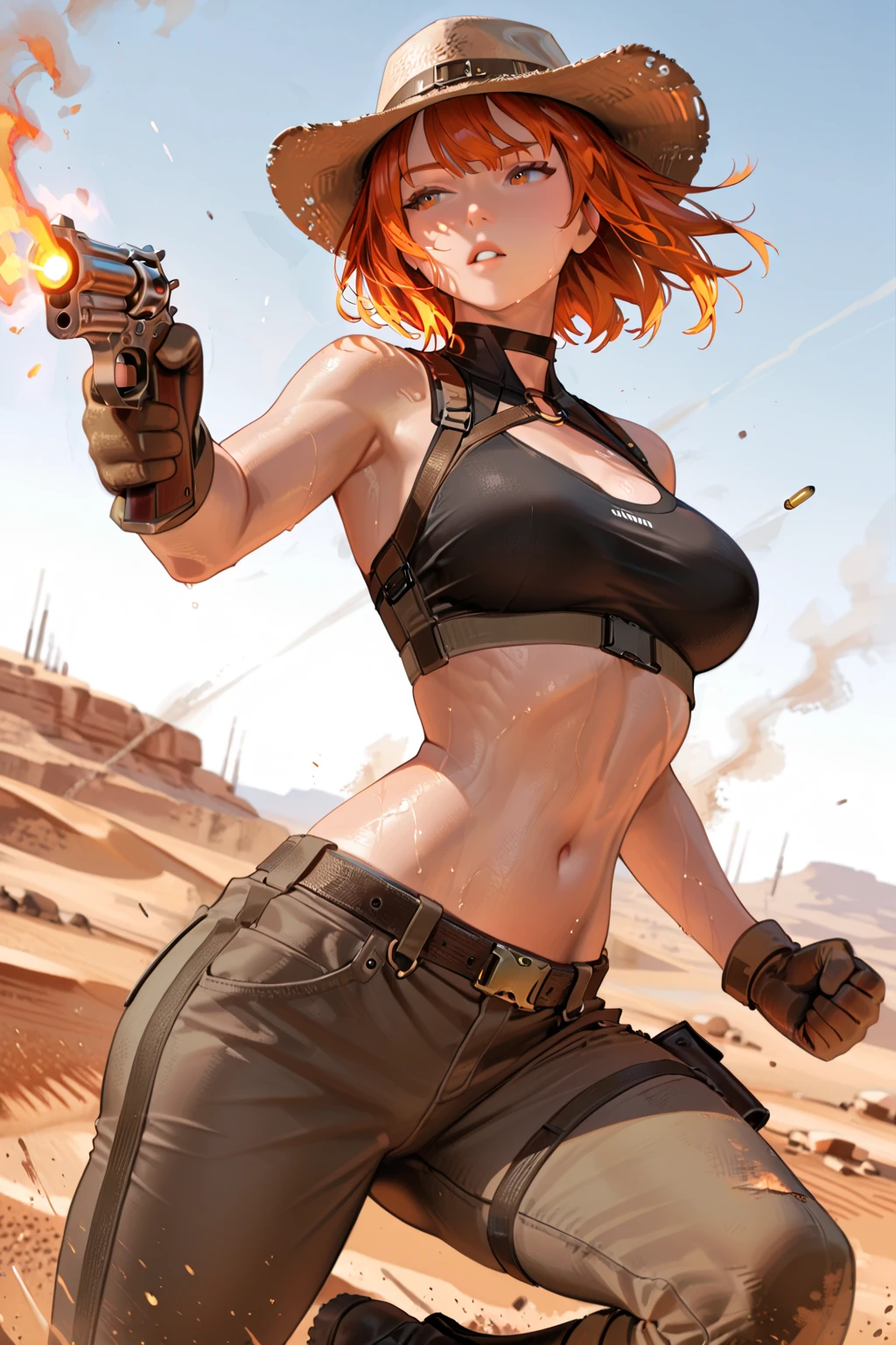 ((best quality)), ((masterpiece)), (detailed),High quality, Ultra detailed, best quality, insanely detailed, beautiful, masterpiece,
20s,Woman warrior,desert camouflage,redhead,woman,short hair，muscular
