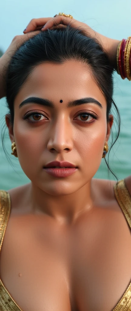 Close up portrait of a cute woman (Rashmika) bathing naked in a crystal clear river, reeds, (backlighting), realistic, masterpiece, highest quality, lens flare, shade, bloom, [[chromatic aberration]], by Jeremy Lipking, by Antonio J. Manzanedo, digital painting,