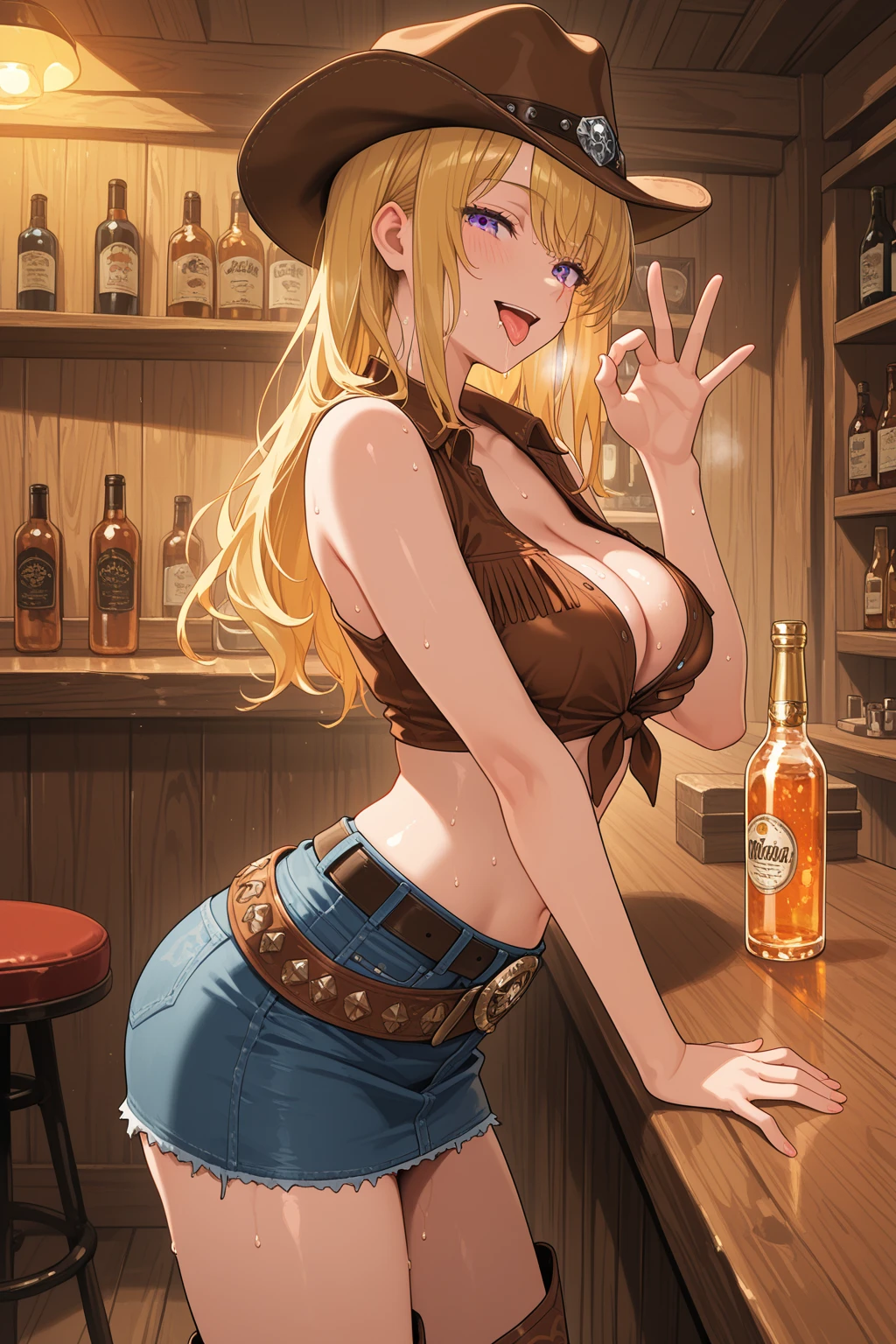 (((1 person:2.0))),(((NSFW:1.5))),((Nude:1.5))),(((Cowgirl Costume:2.0))),(((Slim body:1.5))),(((Put a gun belt around your waist and put a gold pistol in a holster:1.8))),,((Wear a wrist watch:1.5))),(((Showing cleavage))),(((Exposed thin inner thighs))),(((Small breasts:1.5))),(((Bare arms))),(((Wearing boots:1.5))),((Blushed face:1.5)), Beautiful detailed girl, Very detailed目と顔, 緻密でBeautiful Eyes, Very detailed, High resolution, Highest quality, masterpiece, Very detailed, 8k wallpaper, wonderful, finely, Highest quality,(Standing in front of a wooden wall),Beautiful Eyes,((Engage your audience:1.2)),((Cowboy Shot:1.5))),((Front shot:1.2)),((Put your right hand on your chest:1.5)),((Drinking whiskey:1.4)),(((Drunk:2.0))),(((LOUD,HICCUPING:1.8))),(((Are standing:1.2)))