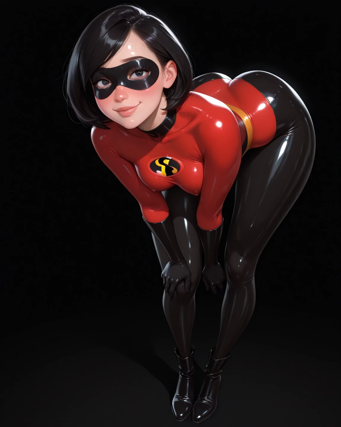 (masterpiece), best quality, depth of field, 1girl, solo, looking at viewer, smilling,breasts, helenparr, domino mask, mask, bodysuit, elbow gloves, thighhighs, thigh boots, wide hips, sitting on bed edge, ((legs full separated:1.4)), at the ???'s bedroom