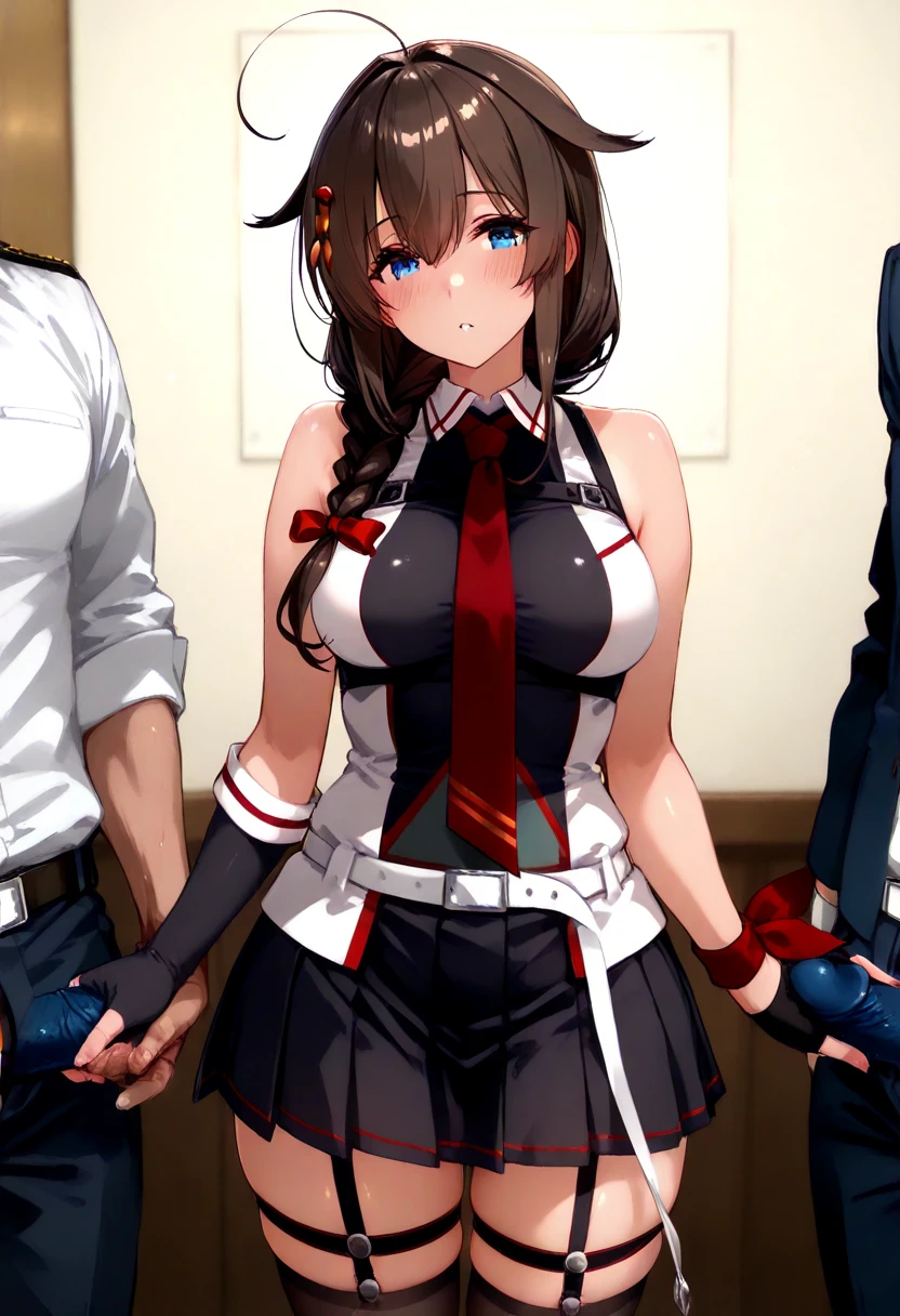 (absurdres, 8k, 4k, masterpiece, hyper extreme detailed:1.2), solo, 1girl, front view, portrait, best quality, expressive eyes, perfect face, 1girl, portrait, solo, standing, Female, toned body, mature female, medium breasts, pale, hair covering one eye, dark brown hair, long hair, eyepatch, sarcastic, snarky, soldier, adult, hazel eyes, shorts, delinquent, sarcastic, white jacket tied around waist, crazy eyes, messy hair, swept bangs, half body, perfect anatomy, front view, leaning back, braided hair, exposed nipples, nipples, exposed breasts, leaning back, hands behind head, bgrab, #grabbing breasts, man groping breasts, breasts being grabbed, angry, arns behind back, mouth taped shut,
