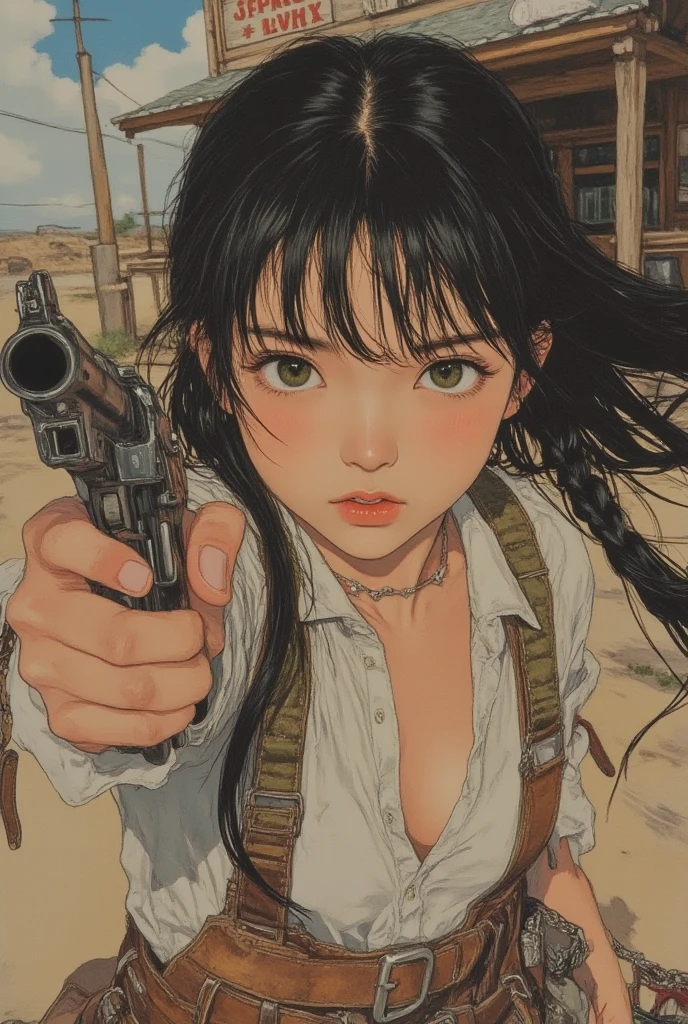 (masterpiece:1.2, highest quality), (very detailed:1.3), (magazine cover), 1 girl, 15 generations, big breasts, (transparent panties), (good transparency), (hold the gun to one side'mouth), strict, white background,
