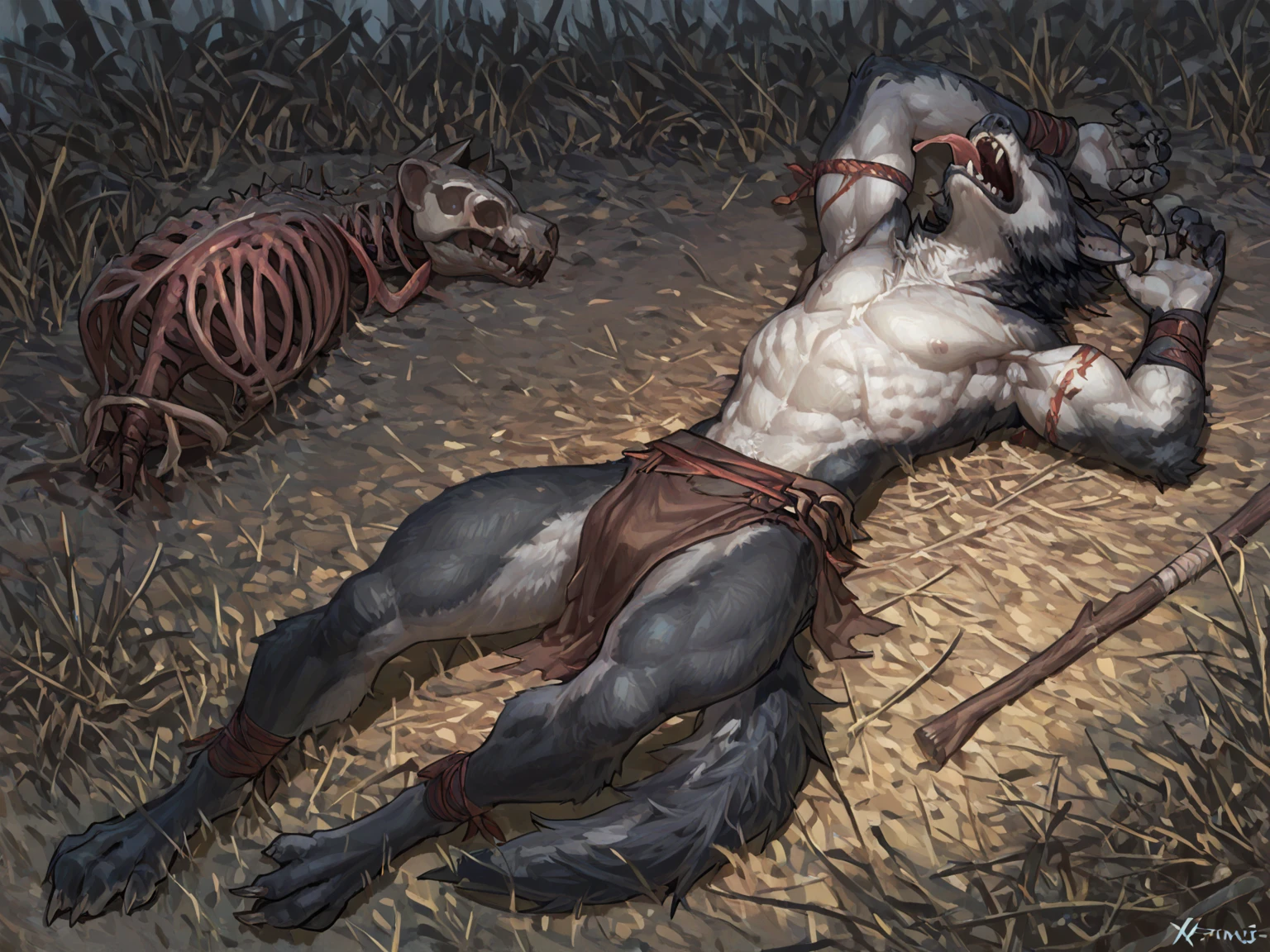 (Gore), Blaidd Elden Ring, underwear, (japanese loincloth), furry, animal nose, defeat, Dying lying, stomach cut, Blood gushes out, (Screaming with a pained expression), Wounds all over the body, Face also injured, Blood dripping from the wounds, Vomiting a large amount of blood.