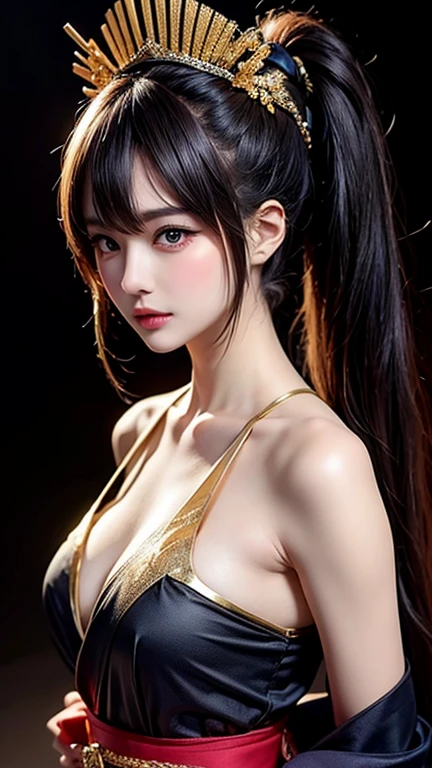 Masterpiece, Best quality, Ultra-detailed, illustration, epic lighting, Cinematic composition, isometry,(hexagons:1.2), 1girll, Horns, Solo, Yellow eyes, Black hair, Long hair, (Low wing:1.2), Large cleavage, Bare shoulders, hair between eye, Medium breasts, (White dress:1.1), Golden decoration, Detached collar, view the viewer, Semi-closed Eyes, (view the viewer:1.1), parted lip, Blush, Black feathers fall, Arena, particle fx, (8K:1.1)