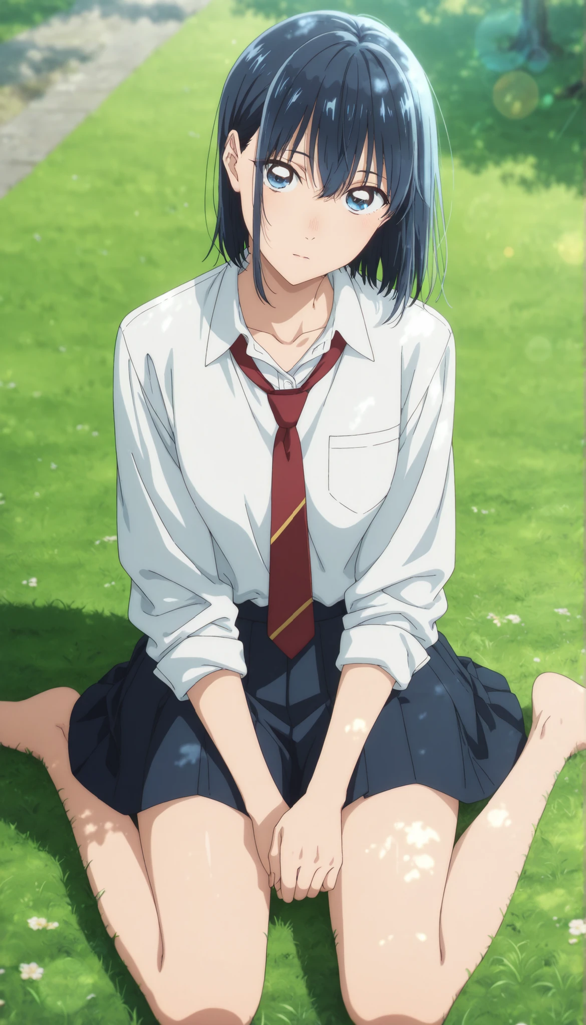 masterpiece, , absurdres, highres, detailed background, high resolution, masterpiece, necessary, detail, best quality, quality, necessary, details, High details, Precise, outdoor, (()), (dappled sunlight ,day ,lens flare ,blurry background), from above , , ,
detailed, anime screencap , anime coloring , official style , (aged up), head tilt, sitting, wariza, on grass,(slim body, slender body), ,
Break, girl , , <lora:Amaye_Moriya-20:0.8>Ayame, solo, blue eyes, dark blue hair, medium hair, long bangs, hair between eyes, sidelock, white shirt, collared shirt, collarbone, red necktie, striped necktie, skirt, pleated skirt, ,(small breast), light skin, looking at viewer, ,