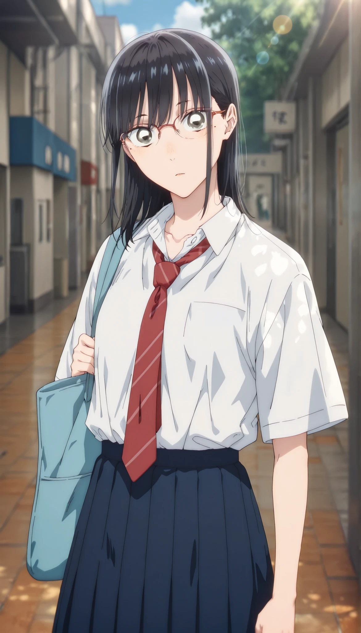 masterpiece, , absurdres, highres, detailed background, high resolution, masterpiece, necessary, detail, best quality, quality, necessary, details, High details, Precise, outdoor, , (dappled sunlight ,day ,lens flare ,blurry background), from side:0.7, solo, , ,
detailed, anime screencap , anime coloring , official style , (aged up), head tilt, ,(slim body, slender body), glasses ,blue bag,
Break, girl , , <lora:Amaye_Moriya-20:0.8>Ayame, ,black eyes, black hair, semi long hair, hair down, long bangs, hair between eyes, tsurime, sidelock, one mole under eye, white shirt, collared shirt, collarbone, red necktie, striped necktie, dark blue skirt, pleated skirt, ,(small breast), pale skin, looking at viewer, ,