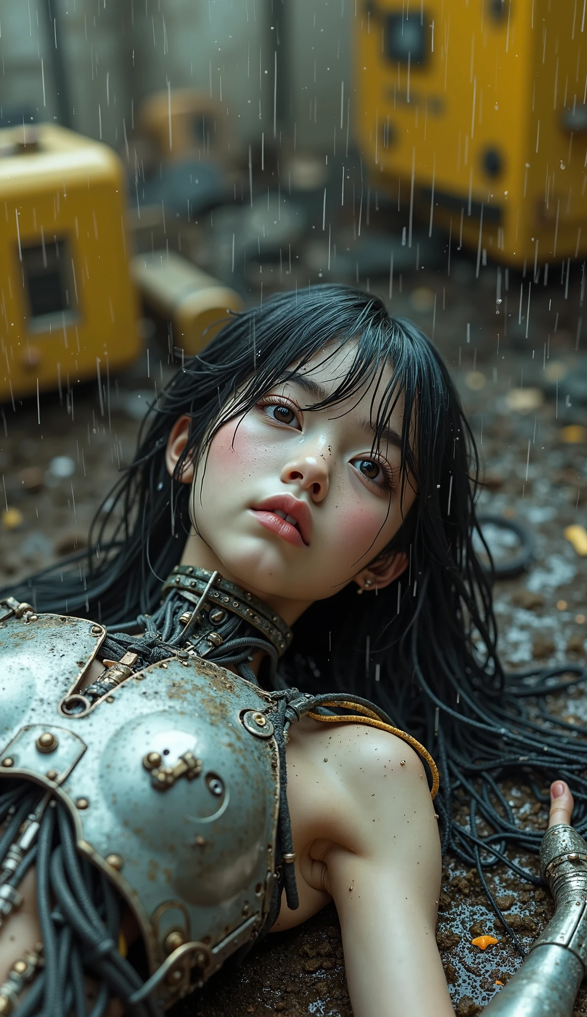 (masterpiece), (very complicated:1.3), (realistic), girl portrait, lying on her back floating on the surface of the mire, (dynamic perspective), the most beautiful in the world, (clothes covered with mud), from above, upper body, navel, outdoor, intense sunlight, distant factory group, Kure, Hiroshima, Stunning female professional photo details, sharp focus, dramatic, Award history, cinematic lighting, Octane Rendering Unreal Engine, volumetrics dtx, (film grain, blurred background, blurred foreground, Bokeh, Depth of the bounds written, sunset, motion blur:1.3)