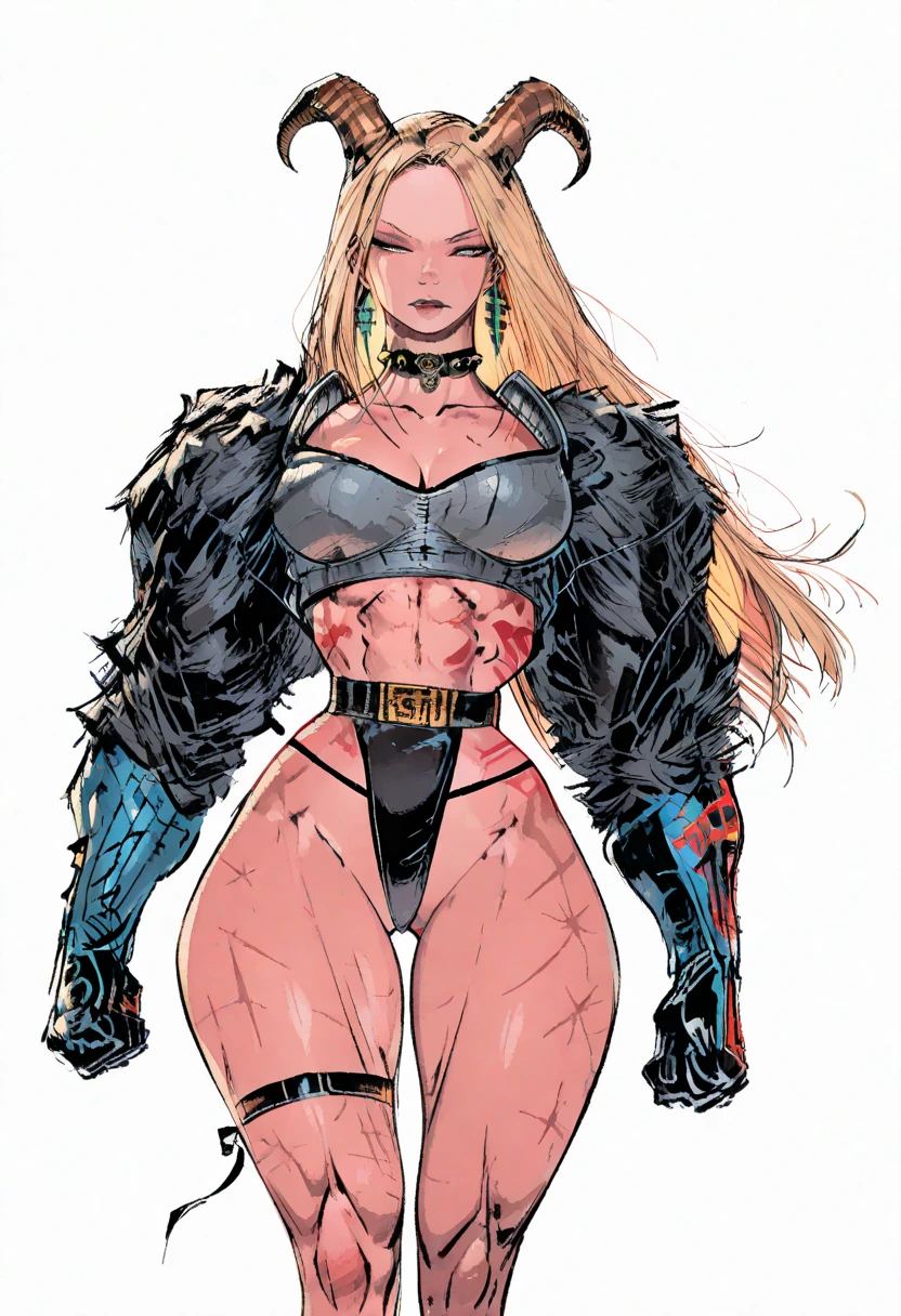 nijistyle, A muscular 35-year-old warrior woman almost naked in Simon Bisley style, tattoo covering the whole arm, hair half black half white, Minimum clothing, Short clothes, ((Best quality)), ((masterpiece))