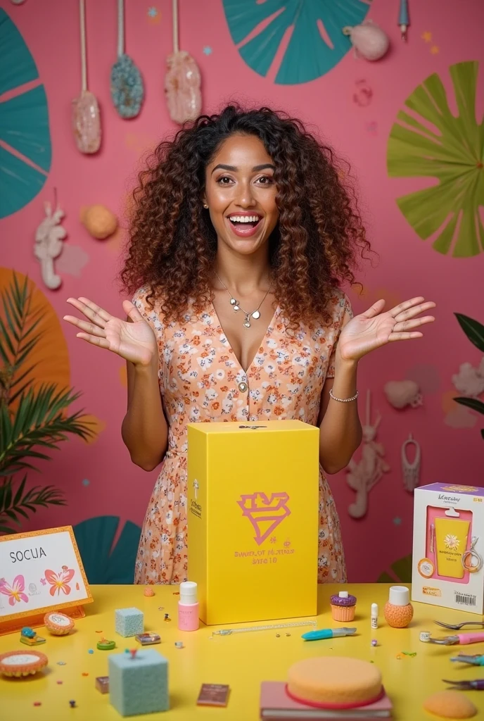 A young woman with wavy black hair, wearing a long-sleeved leopard print blouse, wearing a gold thong, but she hides it by holding two papers, one in front and one behind. Her expression is a mix of smile and embarrassment in a Dots Game.