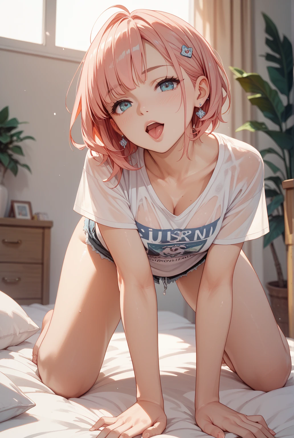 ((masterpiece,Highest quality:1.3,best quality illustration)),cowboy shot,1woman,18 year old Japanese beauty,(((very small head:1.5))),(short bob pink hair),bangs,brown eyes,gorgeous eyes,shy,medium breasts,((very long body:1.3)),White tank top,navel、bottomless,vagina,(toned body,slender body,skinny),gleaming skin,shiny skin,oily skin,sweat,Love juice,orgasm,sitting,spread legs:1.4,Simple bedroom、simple hotel、Tokyo,