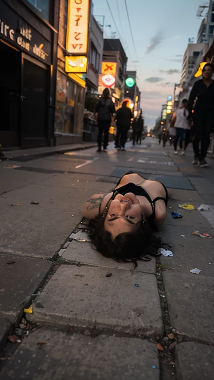 Young half  naked dead  dirty body of  Indonesian girl, descent mixed from sundanese and javanese, 19 years old, slim body, georgeus face, lying down on stomach half  naked  on the street as a dead girl, head weak limp down,  many black  oils sticking on her skins, dead girl white turned up eyes, dead girl  being has bloody damage body and  face, caused by bloody  and scary motorcycle accident, all her clothes has torn aparts,  her body and motorcycle crushed by a heavy truck, blood flowing out from her open mouth  and nose and ears droping to the asphalt, very natural, very detail, very realistic, all her body visible, hairy  bloody vagina exposed visible, wearing torn and folded up  messy dress, her thin trousers torn into many parts, torn aparts panty, blown up bra, weak limp down legs and hands on asphalt, no cartoon, her mouth vomiting blood, blood in everywhere around her, 