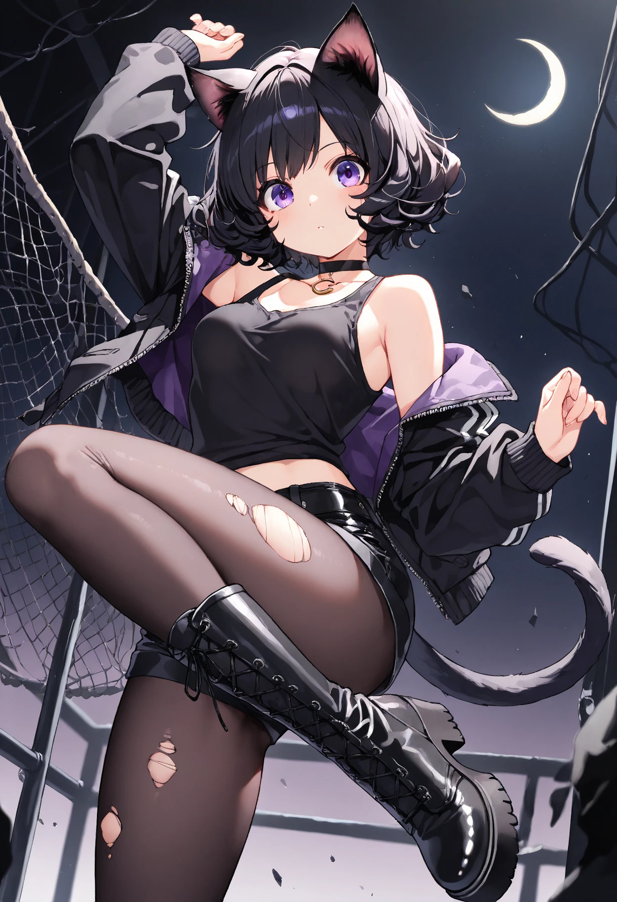 best quality, masterpiece, ultra-detailed, illustration, dynamic pose, shinobu, Shinobu Kocho from demon slayer, butterfly hairpin, evil smile, purple short hair, (perfectly proportionate body), eyeliner, tired,wearing a leather jacket, adorned with studded accessories, platform boots, layered necklaces, bold patterns, (torn fishnets), dramatic makeup, black nail polish, oversized rings, chains and buckles, black lipstick, busty body, wearing a crop-top, close-up shot, glossy lips, cinematic lighting, volumetric lighting, vibrant colors, ray tracing, 