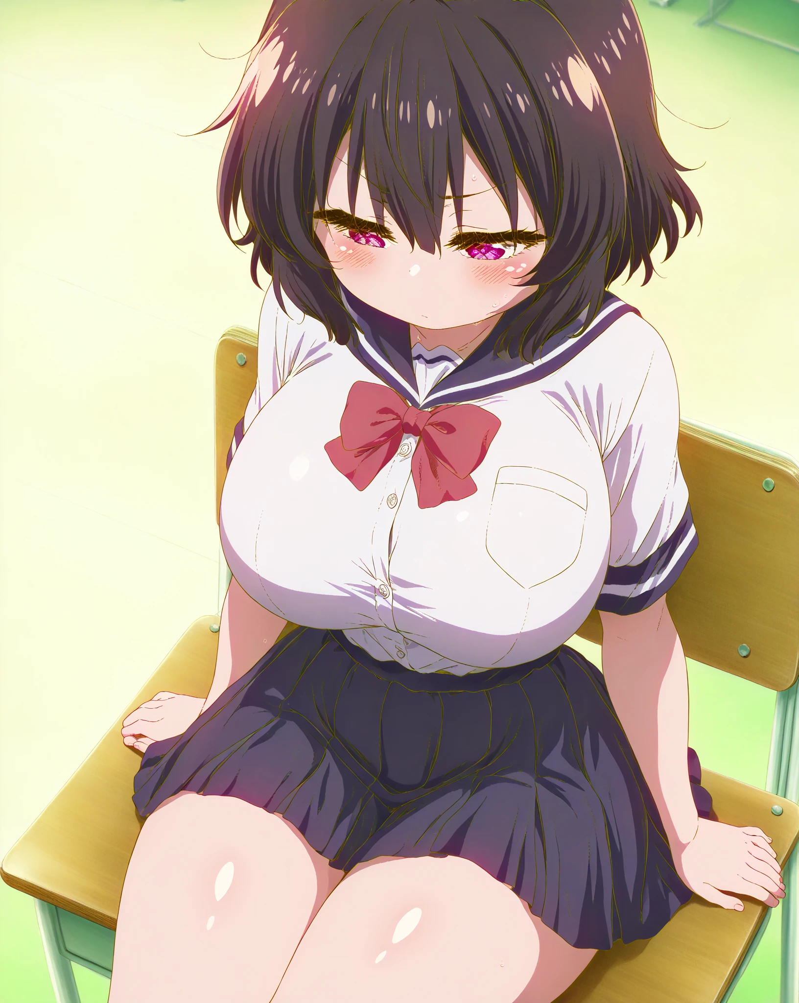 kirisaki kyouko, , bob cut, short hair, black hair, purple eyes,　　solo, bikini,　live stage, Big Breasts, nsfw (See-Through Student Uniform) Nipples Sobbing ,Standing pee