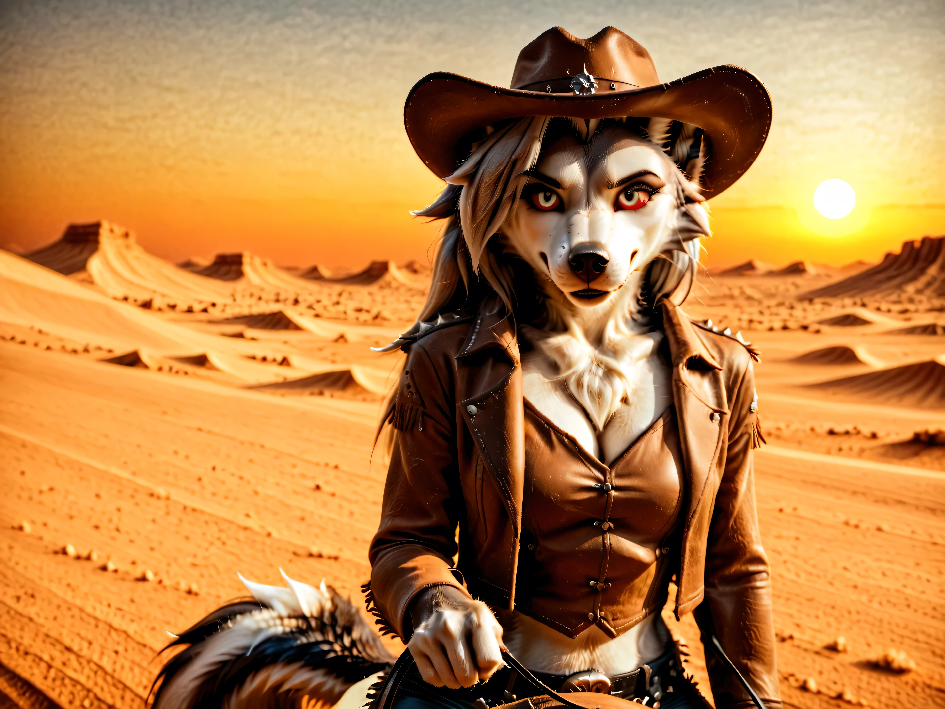 Loona, furry, realisctic, fluffy tail, solo, In cowboy clothes, in cowboy hat, seductive sexy look, Riding a horse, holding the reins, outside, desert field, wild west, sunset, orange sky, ((closed mouth)), front view, high-range shot, ultrahigh details, ultra-realistic photo, two-tone fur, gray fur, anthro, wolf girl, animal nose, wolf tail, red sclera, white iris, canine teeth, bangs, absurd res, detailed skin, detailed hair, extremely detailed, sharp focus, sharp details, 8k, 
