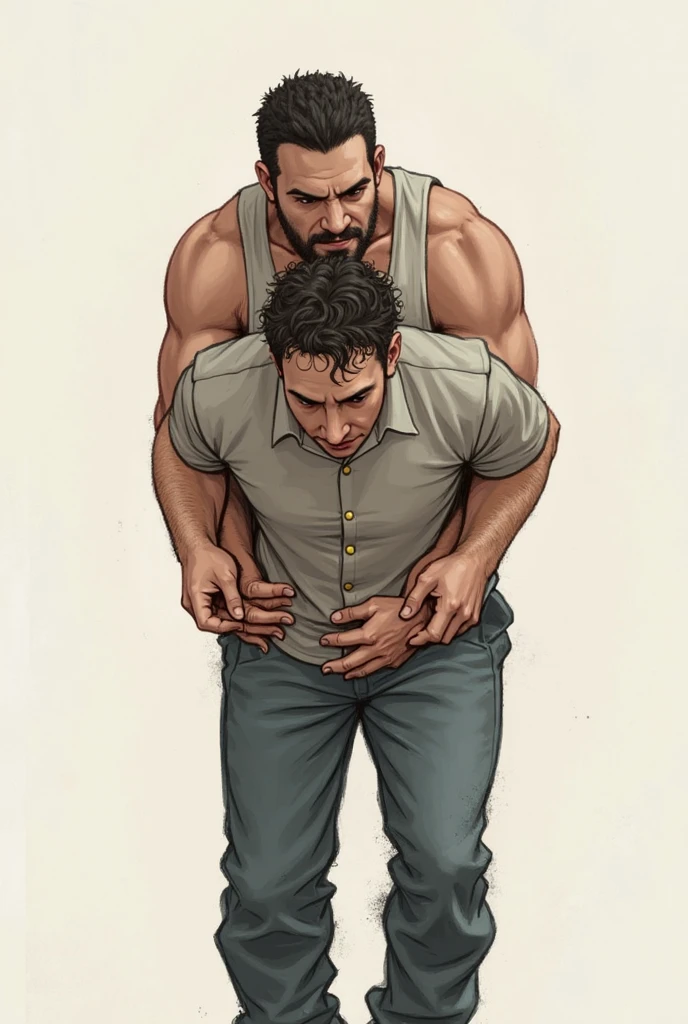 ,, handsome muscular shirtless brown bearded hairy man laughing hands behind back  tied in hogtie position on top of a fallen log, wearing suspenders and a jeans, tickled ribs, feet tickling  by hands forest background,, ribs tickling,  