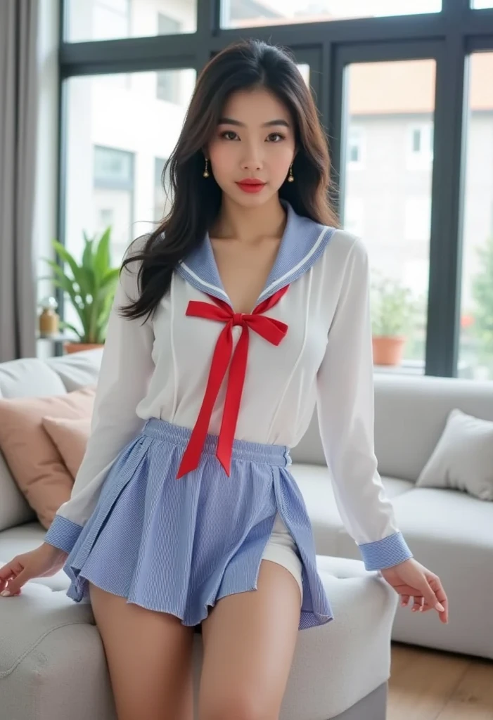 1girl, 26 years old, japanese gravure model, cute beautiful girl, big breasts, clean face skin, ponytail black hair, natural smile, fascinating smile, (dropping eyes:1.4), finely detailed face, looking at viewer,
BREAK
sexy feeling, erotic feeling,
(hot-pillow hotel's room:1.2), (Immediately after sexual :1.1), (japanese high school uniform with sailor collar:1.2), sailor uniform, red scarf, sit on the bed, spread legs widely, show panties, (red panties:1.4), very small lace panties, thin matte fabric cotton panties, panties under the skirt, (a glance of panties:1.6),
(dynamic angle, dynamic pose:1.3), (from slightly below:1.5),
BREAK
masterpiece, best quality, high-res, detailed skin, detailed, detailed face and eyes, hi-res, natural lighting, perfect anatomy, physically-based rendering, photorealistic,