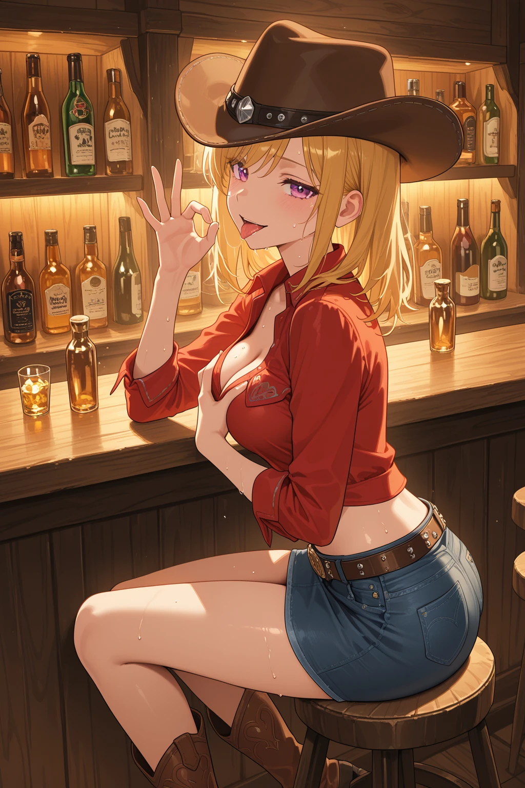 (((One girl:2.0))),(((NSFW:1.5))),((Nude:1.5))),(((naked:2.0))),(((Slim body:1.5))),(((Put a gun belt around your waist and put a gold pistol in a holster:1.8))),,((Wear a wrist watch:1.5))),(((Showing cleavage))),(((Exposed thin inner thighs))),(((Small breasts:1.5))),(((nakedの腕))),(((Wearing boots:1.5))),((Blushed face:1.9)), Beautiful detailed girl, Very detailed目と顔, 緻密でBeautiful Eyes, Very detailed, High resolution, Highest quality, masterpiece, Very detailed, 8k wallpaper, wonderful, finely, Highest quality,(Standing in front of a wooden wall),Beautiful Eyes,((Engage your audience:1.2)),((Cowboy Shot:1.5))),((Full Body Shot:1.8)),((Put your right hand on your chest:1.5)),((Drinking whiskey:1.4)),(((Drunk,Strong hiccups:1.8))),(((Are standing:1.2))),(((sad:1.5)))