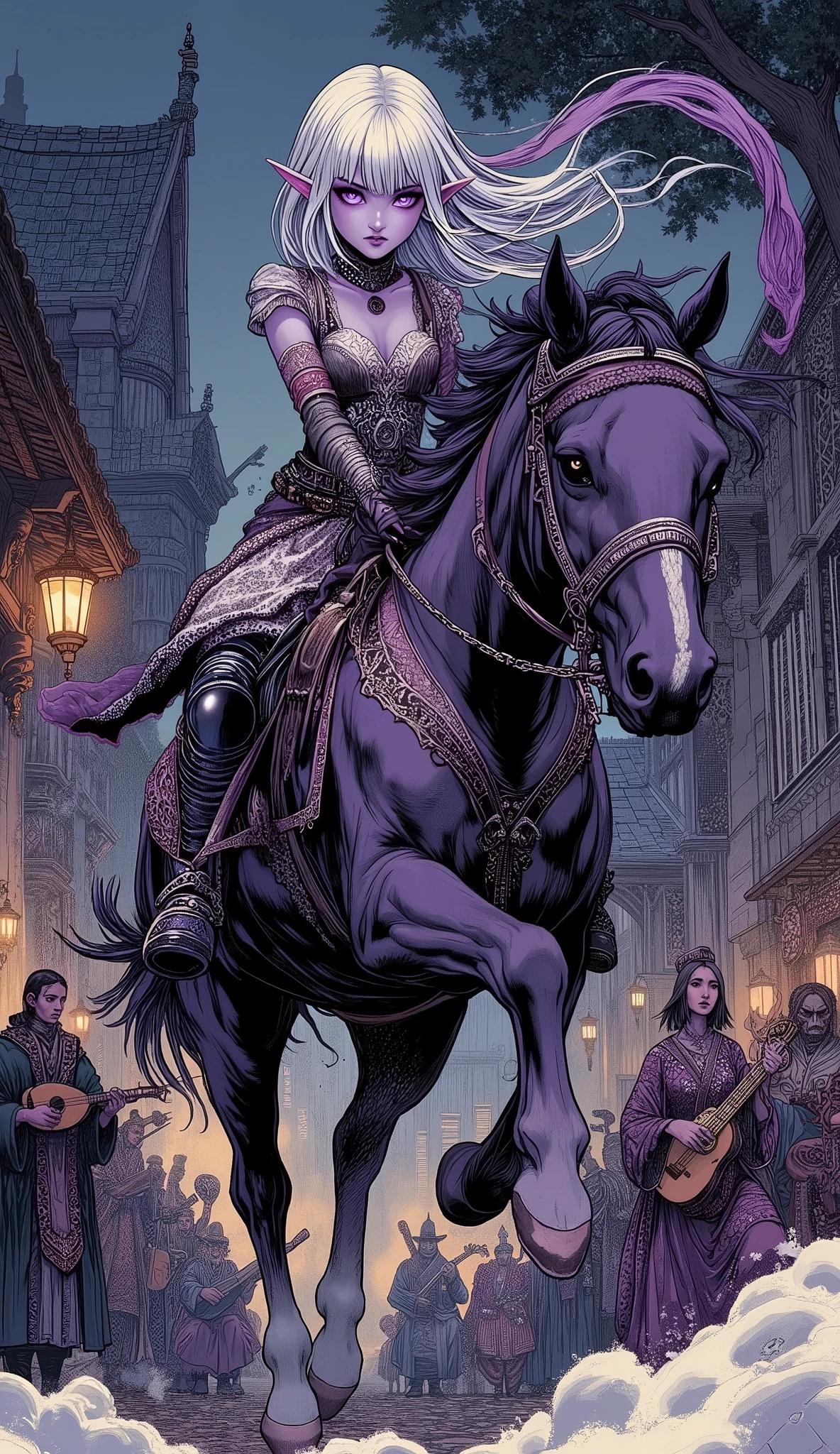 (A fusion of Ukiyo-e and dark fantasy. Aesthetic and gothic digital art. Draw a detailed face. Look away.) BREAK (White hair. Blunt bangs. White eyebrows. Long white eyelashes. Almond-shaped eyes. Lavender eyes. Dark, thick eyeliner. Small pink lips. Slightly pointy ears. Dark purple skin. Thin limbs. Thin fingers. White fingernails. One thumb and four fingers accurately drawn. very expressive.) BREAK (A noble female rider in elaborate China Poblana attire executes a daring Paso de la Muerte maneuver in front of a medieval Mexican palace. Her costume gleams with sequins and handcrafted beadwork, and she leaps from one horse to another with dramatic flair. Surrounding her are colonial officials, musicians with vihuelas and harps, and noblewomen in renaissance-inspired mestizo dresses. Ornate carved stonework and hanging lanterns frame the twilight scene.)