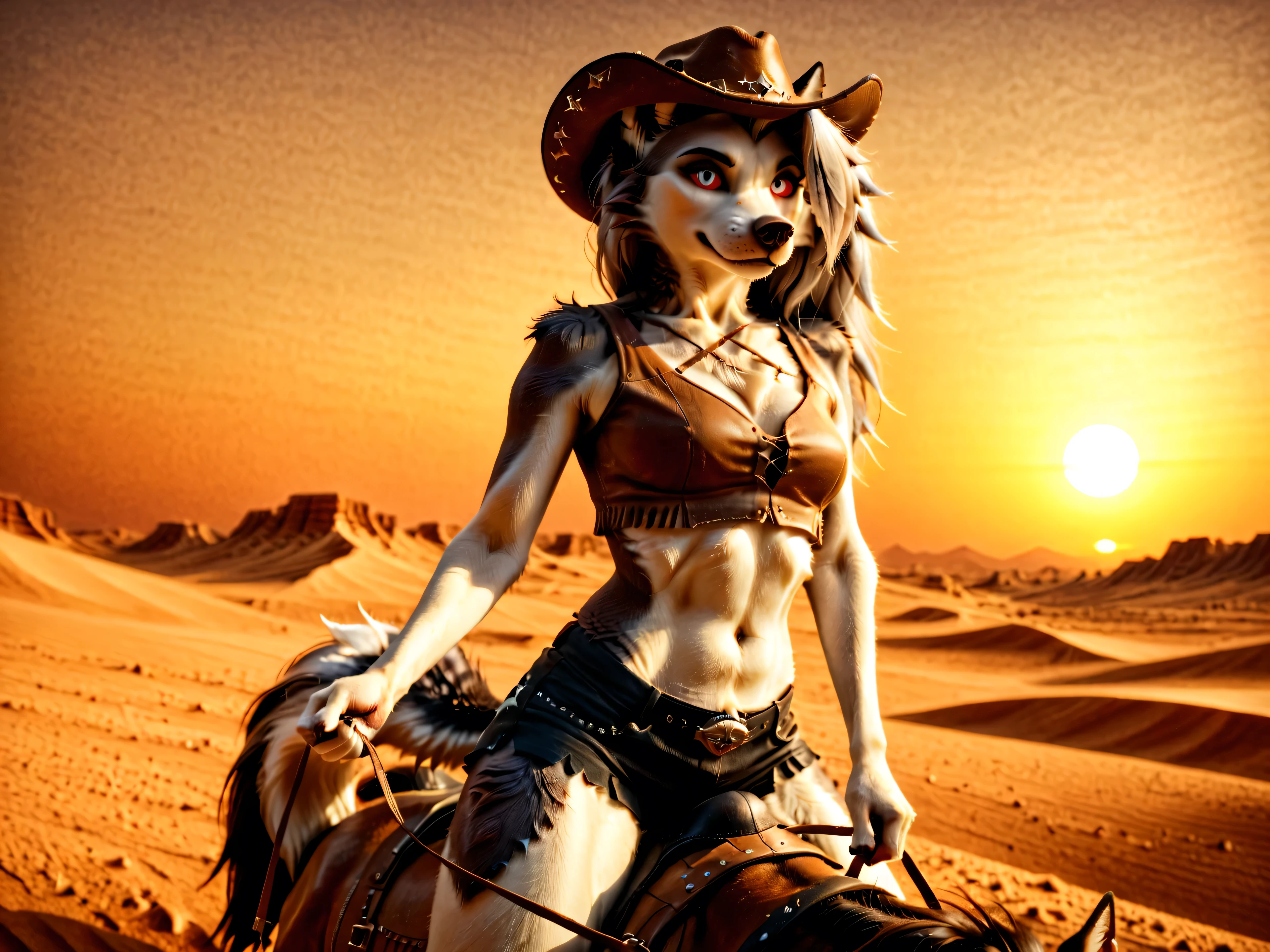 Loona, furry, realisctic, fluffy tail, solo, In cowboy clothes, in cowboy hat, seductive sexy look, Riding a horse, holding the reins, outside, desert field, wild west, sunset, orange sky, ((closed mouth)), from below, mid-range shot, ultrahigh details, ultra-realistic photo, two-tone fur, gray fur, anthro, wolf girl, animal nose, wolf tail, red sclera, white iris, canine teeth, bangs, absurd res, detailed skin, detailed hair, extremely detailed, sharp focus, sharp details, 8k,