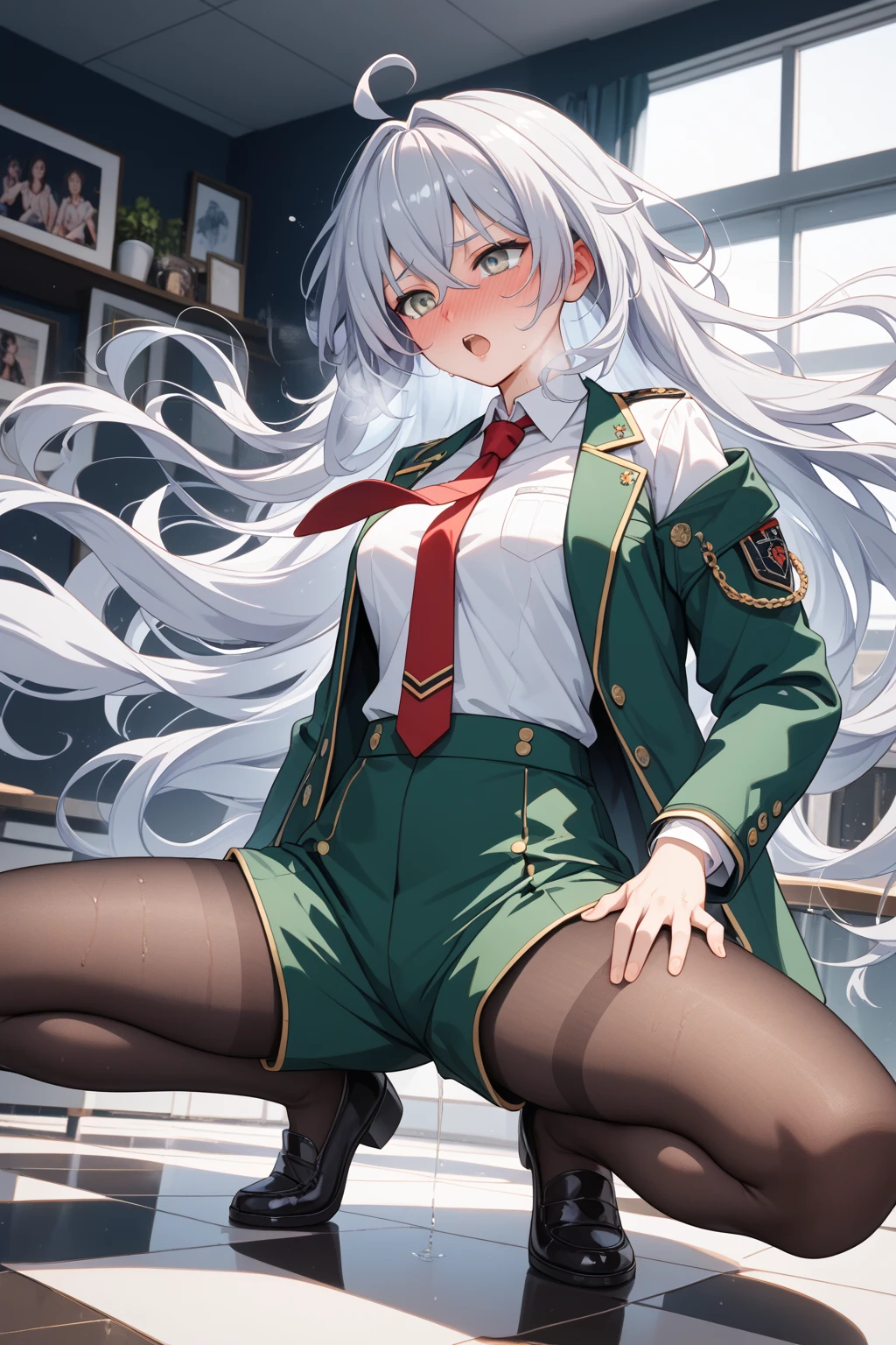 Make a 22 year old girl, white hair, green eyes and light blush. With a green school uniform, green miniskirt and brown tights, leaning on a desk 