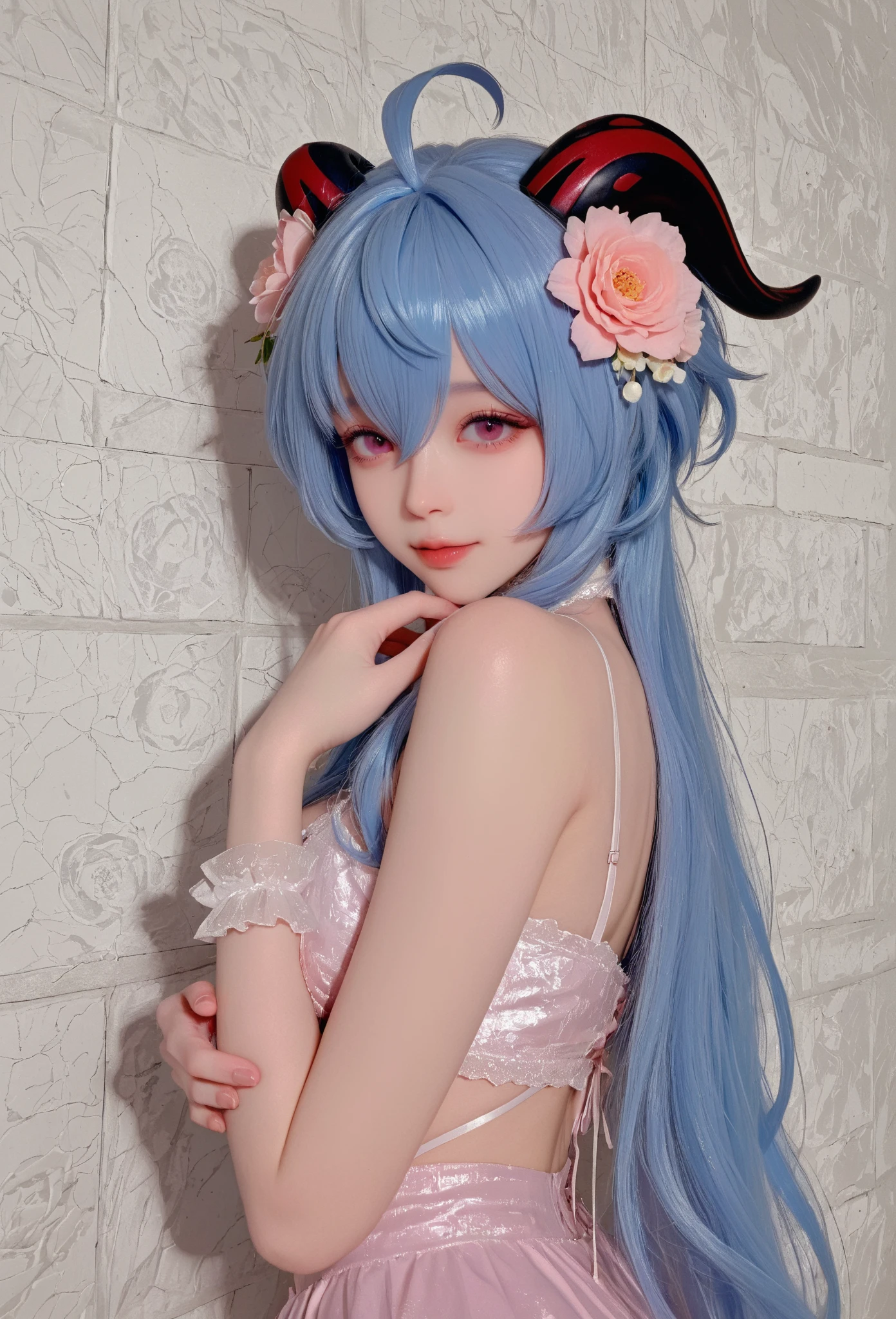 nsfw:2, head tilt,FA,(MP-E, macro, 65mm, f/2.8),ultra realistic,32k,RAW photo,(high detailed skin:1.2),8k uhd,high quality,1girl,ganyu \(genshin impact\),solo,blue hair,thighhighs,twin horn,detached sleeves,purple eyes,upper body,long hair,black knee,looking at viewer,bangs,bare shoulder,cafe, naked ass, only sexy black bra, sexy pose, no pants, sexy eyes, sexy smile, provocative