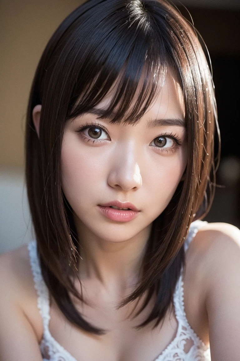 (masterpiece:1.3), Highest quality、Ultra-high resolution, Very detailed, Very detailed CG Unity 8k 壁紙, Realistic, photo-Realistic, RAW Photos, Beautifully detailed face, Pale skin, Realistic glistening skin, Detailed cloth texture, Detailed hair texture, Perfect body, Beautiful Face, Accurate, Anatomically correct, Highly detailed face そして skin texture, Natural neck length, (Fair skin:1.2), Good teeth alignment, 
Symmetrical eyes, dolly make、double eyelid, Thin eyebrows, (Glossy Lips:1.4), (Sad face:1.2),
(classy and cute girl:1.3), 
(Large Breasts:1.4), Cleavage, Beautiful clavicle, 
(Wavy long hair:1.2), ((Asymmetrical bangs:1.2)), A tight dress that clings to the breasticro Mini、Voluptuous thighs、A photo showing you from head to knees、Focus on the thighs