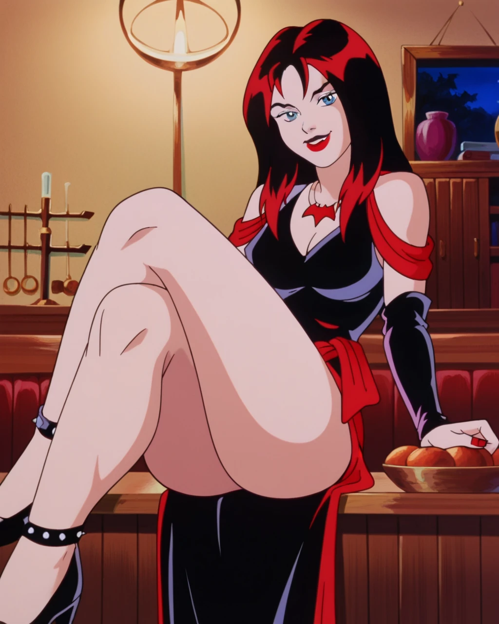 score_9, score_8_up, score_7_up, Thornhex, black hair, red highlights , SD90style, retro artstyle, source_cartoon, red nails, blue eyes, red lips, nude, long hair, looking at viewer, breasts, lipstick, nipples, makeup, smile, 1girl, solo, pussy, nipples, makeup, anus, breasts, ass, lipstick, red_lips, uncensored, black_hair, long_hair, nude, looking_back, blue_eyes, looking_at_viewer, red_hair, medium_breasts, smile, indoors, bent_over, bottle, from_behind, presenting, table