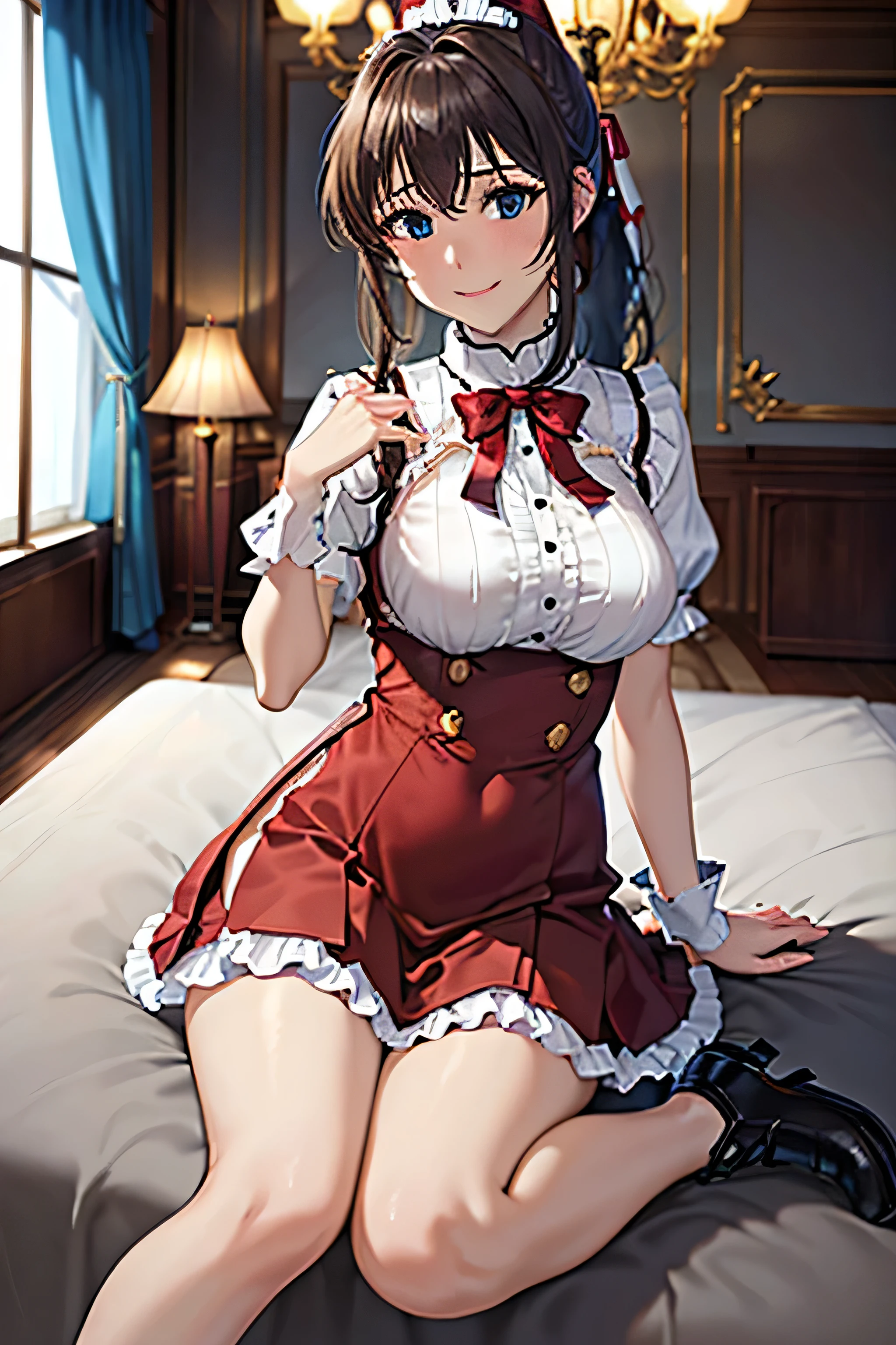 (((High resolution)))Lisa, genshin impact, ((blush:1.2))1 girl, alone, big breasts, cleavage, hair between eyes, messy hair, large chest, long hair, looking at the viewer, brown hair, red short nails, green eyes, alone, Thighhighs, ((masterpiece)), maid dress, maidフク, maid, skirt, stockings, ribbon, maid uniform, sitting, bedroom, bed, pillow, window, night sky, (open the thighs:1.3),