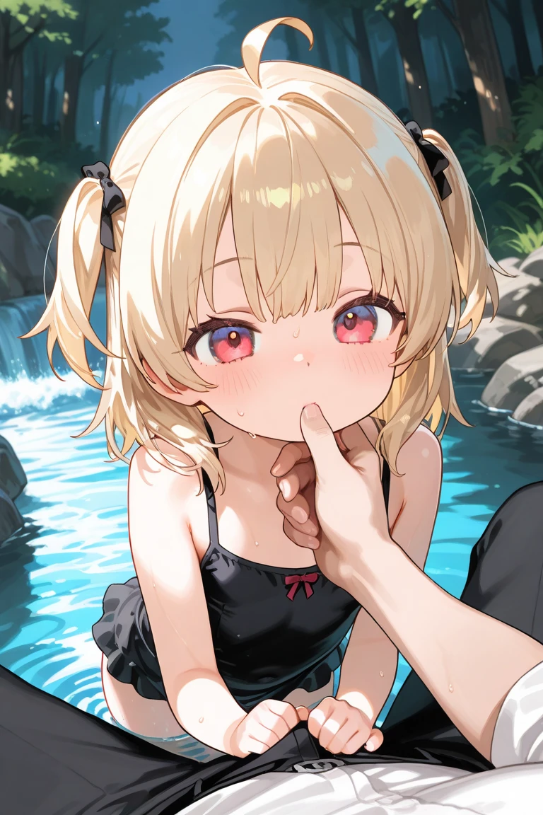 masterpiece,16k,8k,Delicate expression,highest quality,high resolution,High resolution,Sweat,1girl,look at viewer,blush,happy smile,sweat stains,steam,wet,fish eye lens,cowboy shot,summer,from front,from above,(pov:1.4),fisheye lens,upper body,show your oral,open mouth,long tongue out,show off armpits,sleeveless,pool,blond hair,green eyes,cat eyes