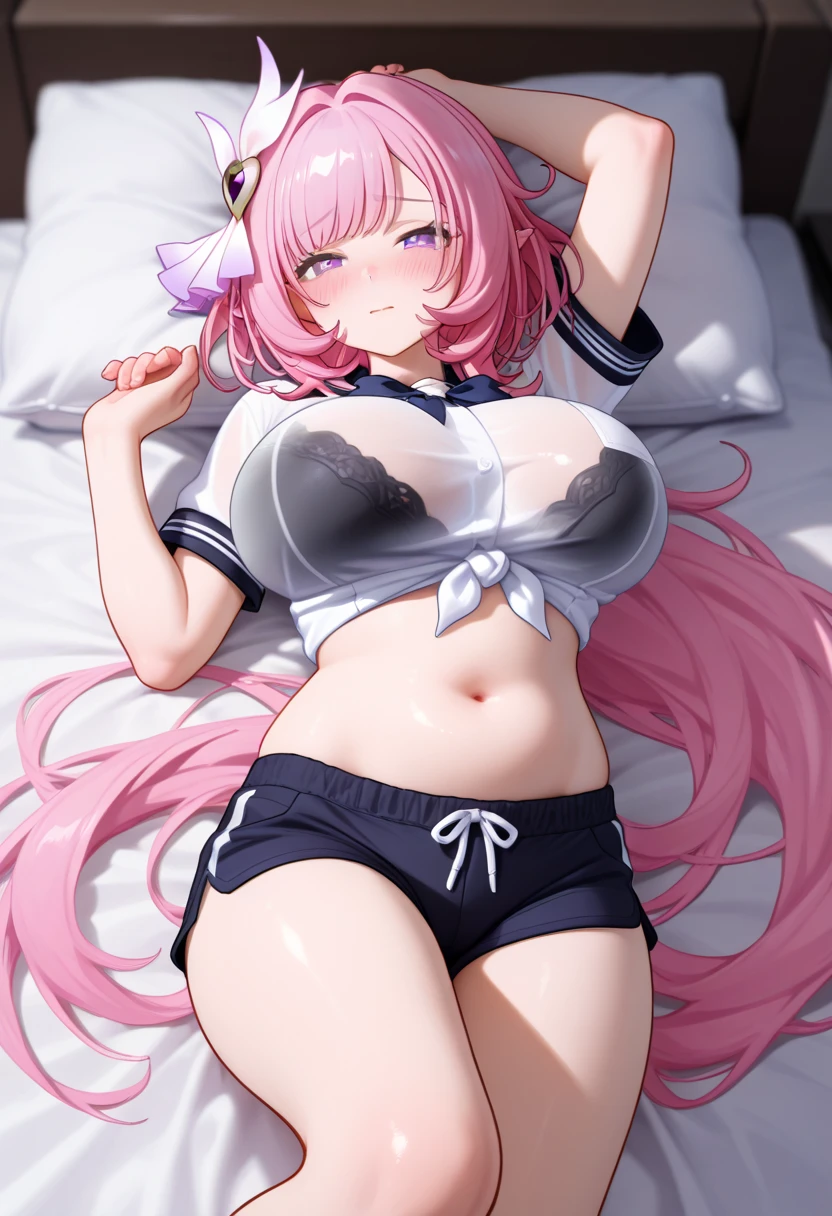 Beautiful illustration、top-quality、Cute little girl s、Bedroom、A pink-haired、long whitr hair、(((Pink pleated skirt)))、(((Pink sailor suit)))、short- sleeved、huge tit、a navel、Turn up the skirt with your hands、showing white panties、Pull up the skirt,The reveal panties、Bare legged、eBlue eyes、on top of the bed、Lovely thighs、glowing thigh