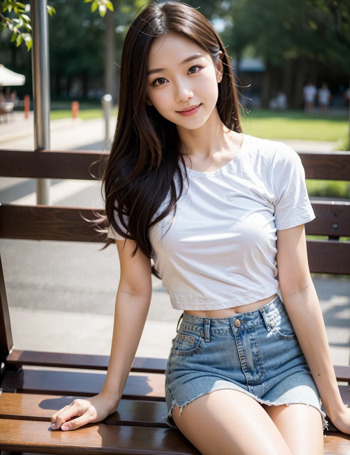 A beautiful young Korean girl, 16 years old, lay down beside a highway road in a park, wearing an above-knee length elegant purple t-shirt with skirt, cute and sweet, photorealistic, 8k, ultra-detailed, masterpiece, gorgeous colors, natural lighting, serene landscape, cinematic composition, detailed facial features, long lashes, rosy cheeks, porcelain skin, delicate features, warm smile, graceful pose, flowing dress, lush foliage, winding path, blue sky, wispy clouds, beautiful face, realistic face, realistic skin, realistic smile, realistic atmosphere, every thing is realistic, cutest smile, realistic body, realistic body language, mouth watering beauty, cute face, stylish look, stylish angles, tempting eyes, realistic hands, realistic arms, realistic hand fingers, realistic legs, bright skin, perfect body figure, round youngest breasts, beautiful soft smooth thighs, bright skin, bright body, hot figure, Slender, Navel, side bending angle,