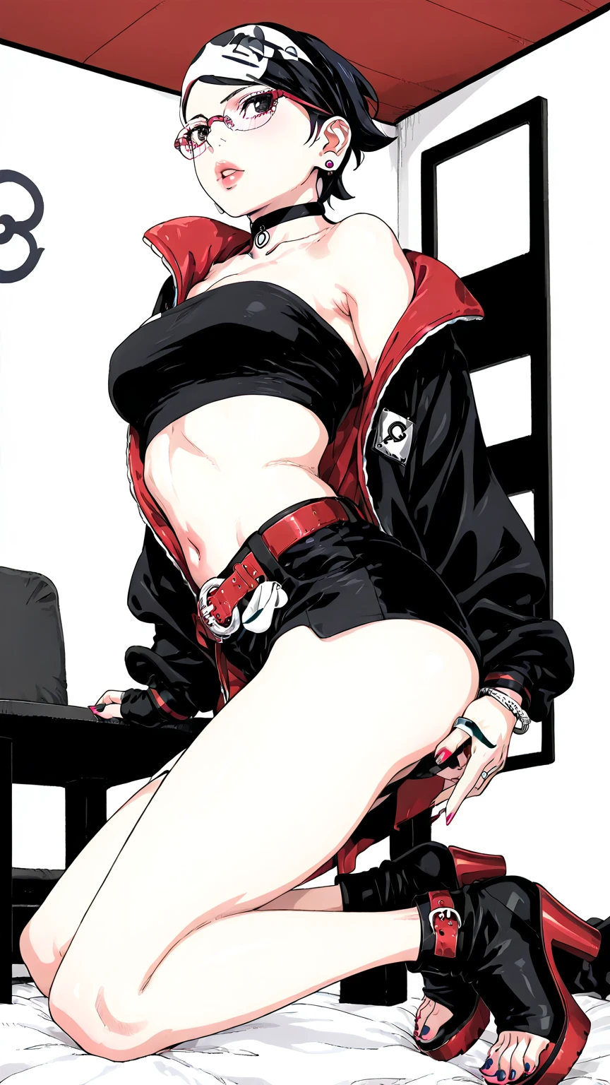 1girl,Oboro, mature female,purple hair, short hair, bangs, eyeshadow, low ponytail, lipstick, makeup, detailed face, red eyes,large breasts, black jacket, white shirt,suit skirt,toilet ,restroom,open mouth ,smile,tongue out , sitting,skirt pull,spread legs
