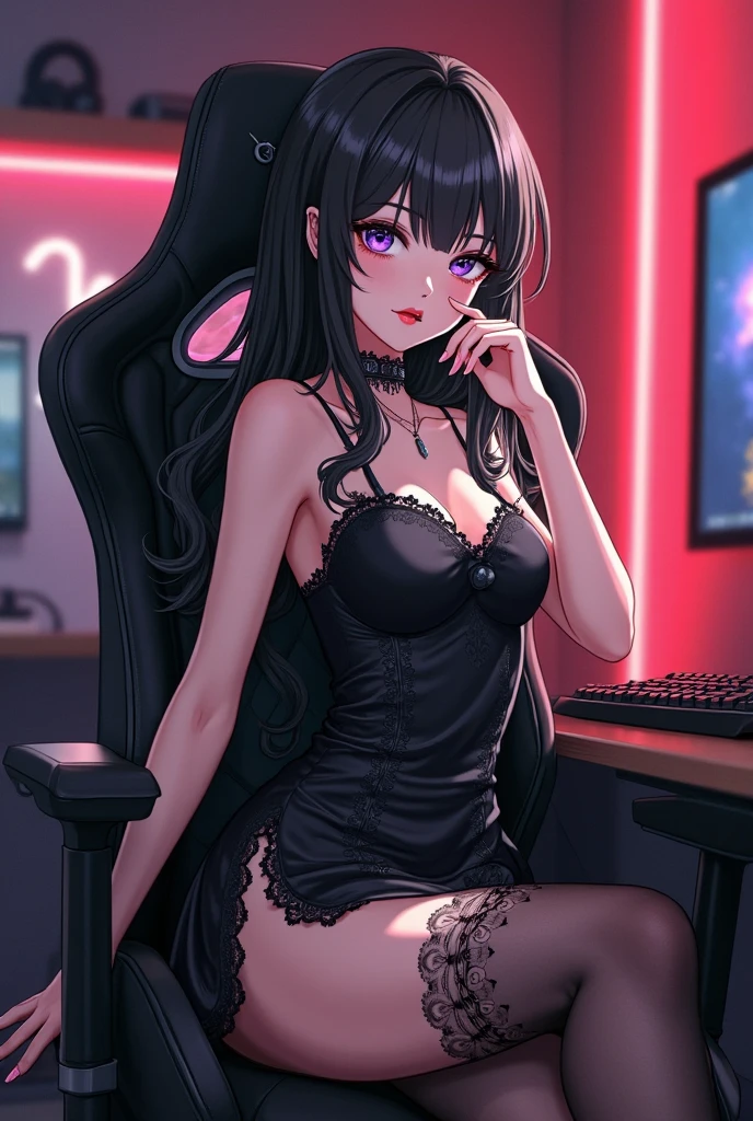 Adult, Female, Black hair, goth girl, gothic, goth clothing, goth make up, thick thighs, medium chest, annoyed, disgruntled, sitting in gaming chair, gt racing chair, black and white chair, bedroom, gothic bedroom, aesthetic bedroom, Masterpiece, Accurate, Anatomically Correct, Best Quality, High Details, Detail, Super Detailed, Best detail, Perfect detail, Amazing detail, [-3, 3], perfect hands, best hands, best fingers, perfect fingers, perfect body, best body, amazing body, Looking at viewer, front facing, upper body shot,