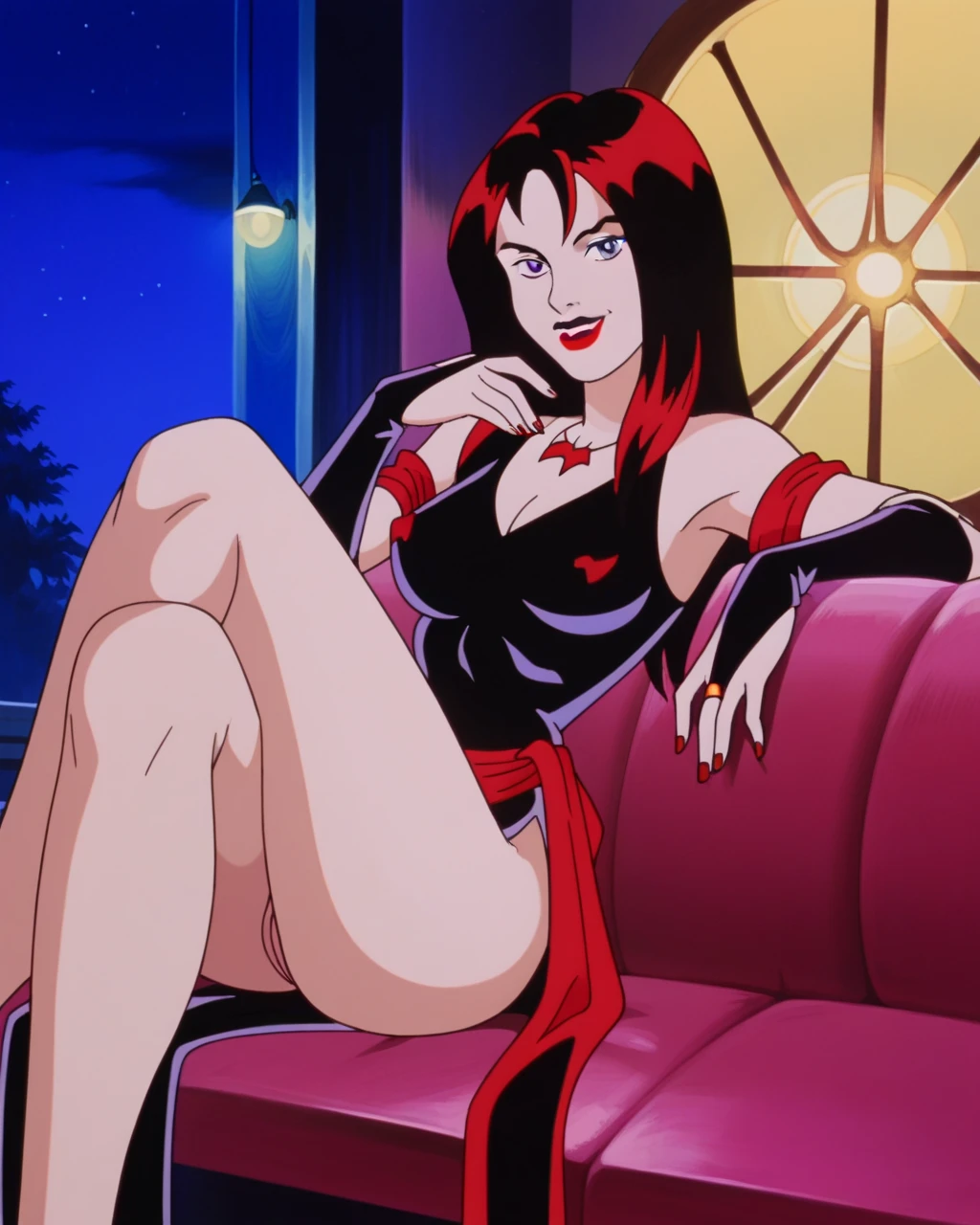 score_9, score_8_up, score_7_up, Thornhex, black hair, red highlights , SD90style, retro artstyle, source_cartoon, red nails, blue eyes, red lips, long hair, looking at viewer, breasts, lipstick, makeup 1girl, ass, solo, lying,
indoors, on_stomach, long_hair,
realistic, ass_focus, from_behind, on_bed,
bed, pillow, partially_visible_vulva