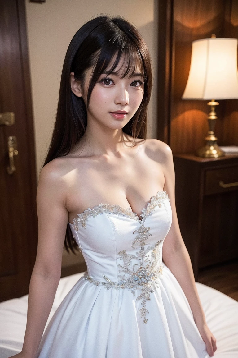 (masterpiece: 1.4), (hyper realistic: 1.4), (best quality, 16k, 32k, masterpiece, UHD: 1.2), dainty Japan herself female photo, one young girl, double eyelidig: 1.2), sexy bride, (pure sheer white wedding dress, wedding veil)), (deep slit: 1.2), (smile: 1.1), Off-shoulder, ((in bedroom)), cleavage cutout, (sideboolose to viewer), (natural light)