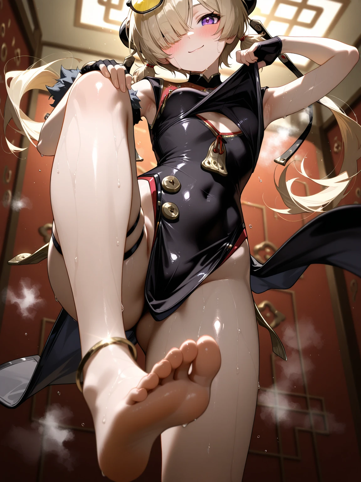 A high resolution, Best quality, 1girl solo, Kamisato_Ayaka, Sitting, From above, view the viewer, Light smile, wading, Wet hair, Night, pool-side, Japan Onsen Kyosaku, Best quality, the wallpaper，Barefoot，Raise your legs and soles to face the screen，{A detailed description of the left foot}，{A detailed description of the right foot}，{{Detailed facial depiction}}，Look at me condescendingly，