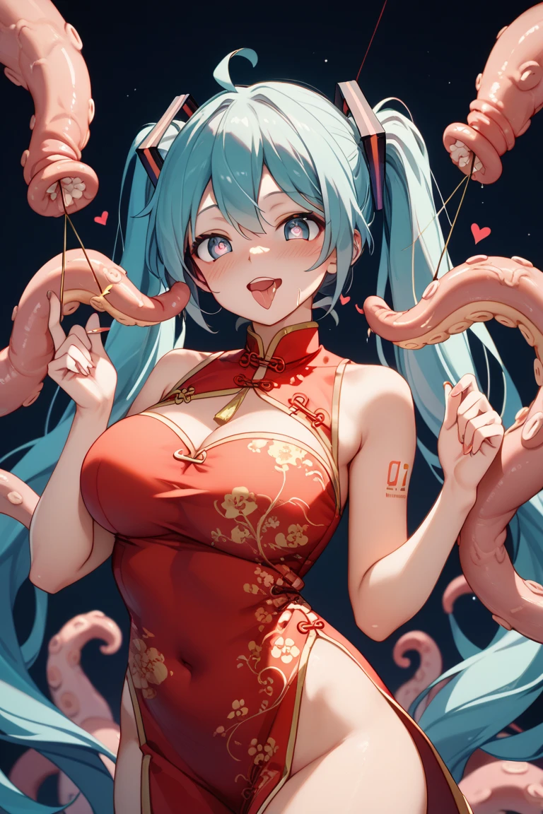 (nsfw、Best Quality、masutepiece)、1 Women、plump body、Erotic、Tentacle Sex、 (Many alien tentacles:1.2)、MuCoi、Tentacles are entangled all over the body、((Red Long Cheongsam:1.5))、Colossal breasts、wide hips、shinny skin、Double bun、Green eyes、Green hair、short-hair、 Troubled face、embarrassed from、blushing、Torn red cheongsam、((White underwear:1))
