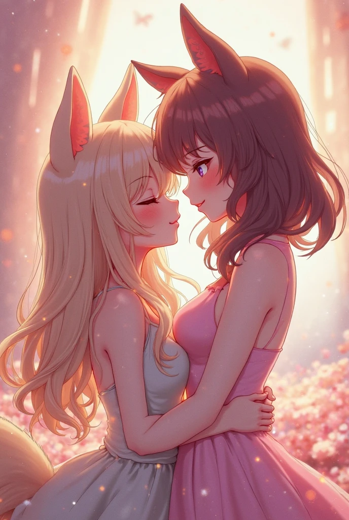 best quality,best resolution,(fluffy anthro furry :1.6),(young :1.6),2 girls,french kissing,lesbians,yellow hair fox girl,purple hair white fox girl, long hair,wavy hair,messy hair,small breasts,pink nipples,soak white dress,tight,see through,transparent,raffles,soak hair,water dripping on legs,glistering water detailed,sun beam,water reflex sun light,sparkle water detailed,beautiful river view,beautiful forest,flowers surrounded,camel toe very obivious,flower hairpin,looking at viewer,full face blush,passionated face,hair waving in the wind,wind blow effect,flower petals floating in the wind,upper body only,close up,body underwater,under water view