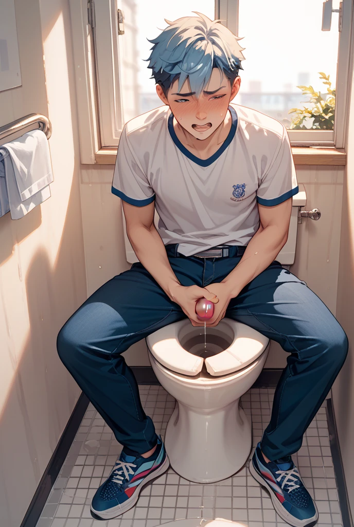 Anime screencap, cg, 8k, Nsfw, handjob, after ejaculation, focus face, from above , male orgasm, A young argentinian man masturbates in party, big penis, testicles,, tongue out, drool, cumshot , cumdrip, cum covered, worried, blush, stubble, spiked buzzcut, party clothes, toilet stall, sitting on toilet, gloryhole , big eyebrows, expressive, beautiful, <lora:more_details:0.6>
