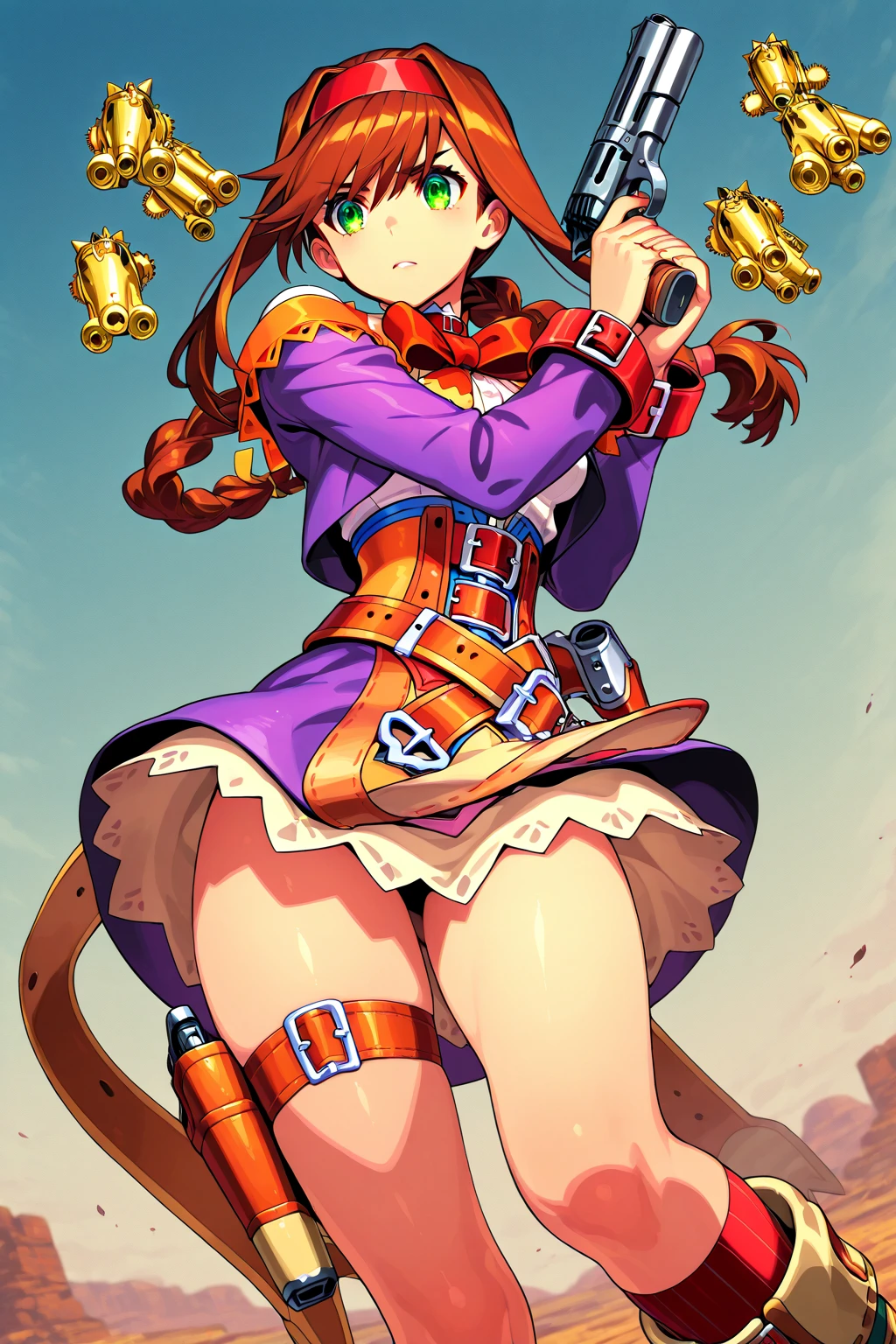 ((hold 2 handguns with both hands:1.5)), (Hold up a gun with both hands:1.5), (Two wrist), ( two pistols:1.5), Ultra Quality, Ultra Detailed, 8k, (Virginia Maxwell), Purple clothes, gun holster, (Wild Arms Advanced Third), braided hair, 1girl, solo, beautiful girl,  battle action , wilderness, Miniskirt、high socks、skirt thighs visible from the hem、thigh holster、Off Shoulder