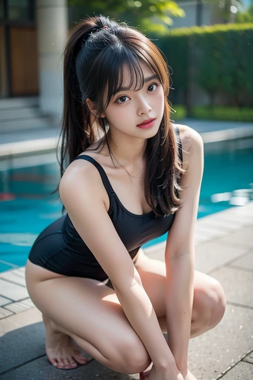 Sitting with legs crossed, 1 girl, 独奏, long hair, looking at viewer, smile, wearing shirt, soaked, soaked hair and shirt, swimsuit, 比基尼, outdoors, black eyes, small breasts, wet hair, blue shirt, swimming pool, 比基尼 bottom only, sit on the edge of the swimming pool, from side, bashful, small breasts, 比基尼, extremely detailed eyes and face, longeyelashes, highly detailed, 16K, ultra-detailed, high resolution, photorealistic, sharp focus, physically-based rendering, vivid colors, studio lighting, from the side,