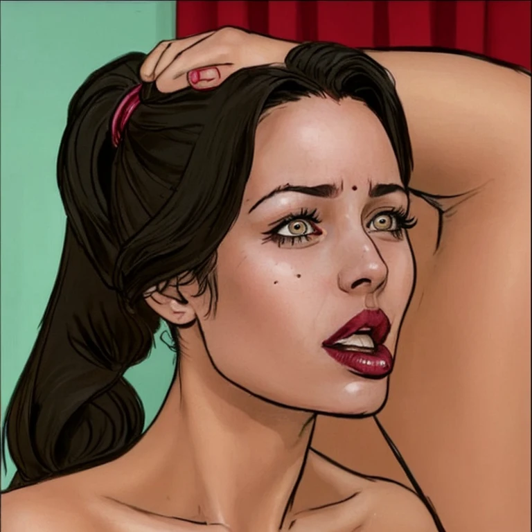 The man in his 55s with black very short hair and smooth face with moustache. The woman in her 55s with brown wavy long hair. In the retro office. Night, dark, dim. The man is wearing unbuttoned light blue shirt. The woman is wearing floral red dress. Doggy sex. The man is pulling the woman's hair. The woman is moaning. Orgasm. Passion. Erotic. Ultra realistic.