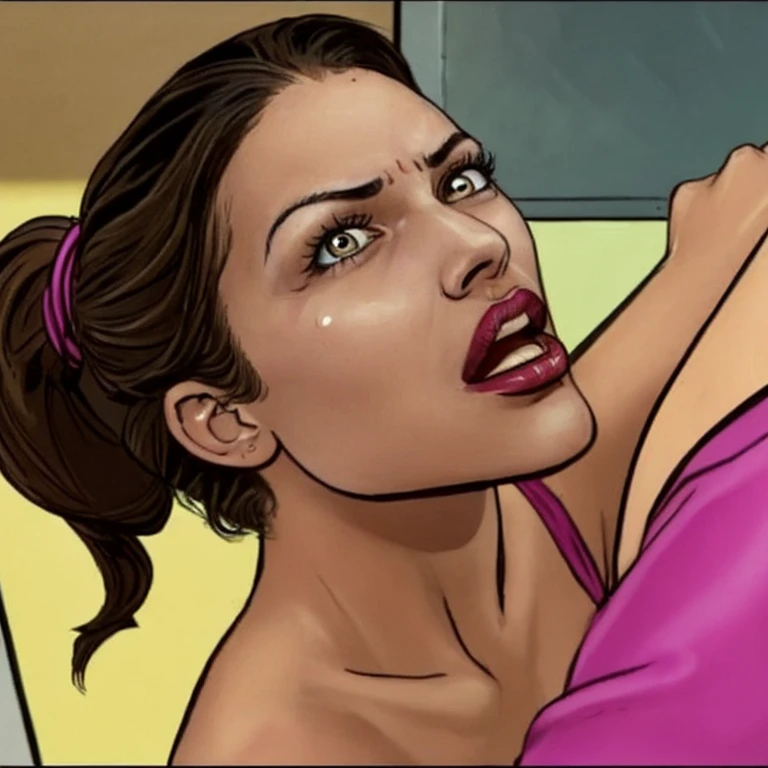 score_9, score_8_up, score_7_up, 1girl, buxom, eyelashes, brown eyes, hand in another's mouth, fucking her throat with his fingers, dressed in expensive red and black lingerie, brothel inside, showing lots of skin, cleavage, big saggy breasts, (shocked:0.5), navel, collarbone, looking up at camera, BREAK view from above, motion lines