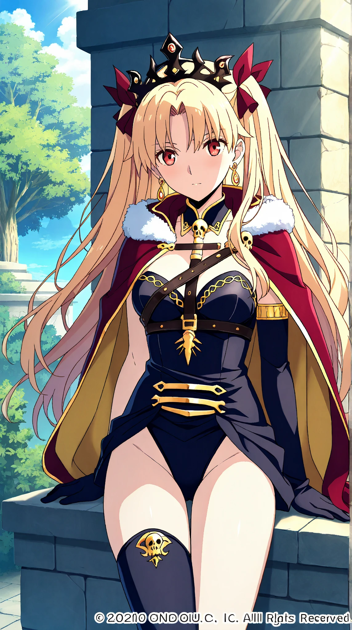 best quality, (masterpiece:1.2), detailed, blurry background,
<lora:chara_FateGrandOrder_IshtarAndEreshkigal_v1:0.8>, ereshkigal,
1girl, solo, clenched teeth, blush,
blonde hair, red eyes, two side up, red ribbon, tiara, earrings,
black leotard, skull, gold trim, red cape, collar, single thighhigh, asymmetrical legwear,
standing, from behind, looking at the viewer,
cave, stone